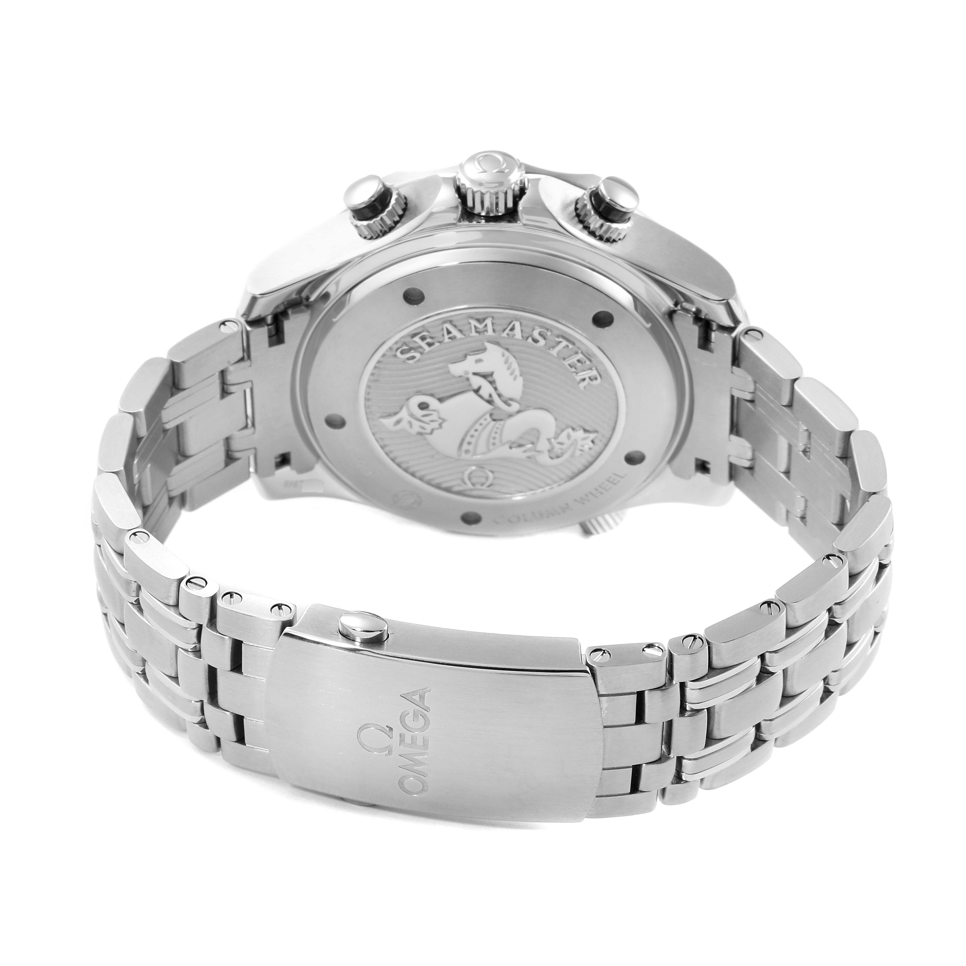 The image shows the back and bracelet of the Omega Seamaster 212.30.44.50.01.001 Men
s Stainless Steel Black Dial 212.30.44.50.01.001 Men
s Stainless Steel Black Dial watch, featuring the engraved case back and Omega-branded clasp.