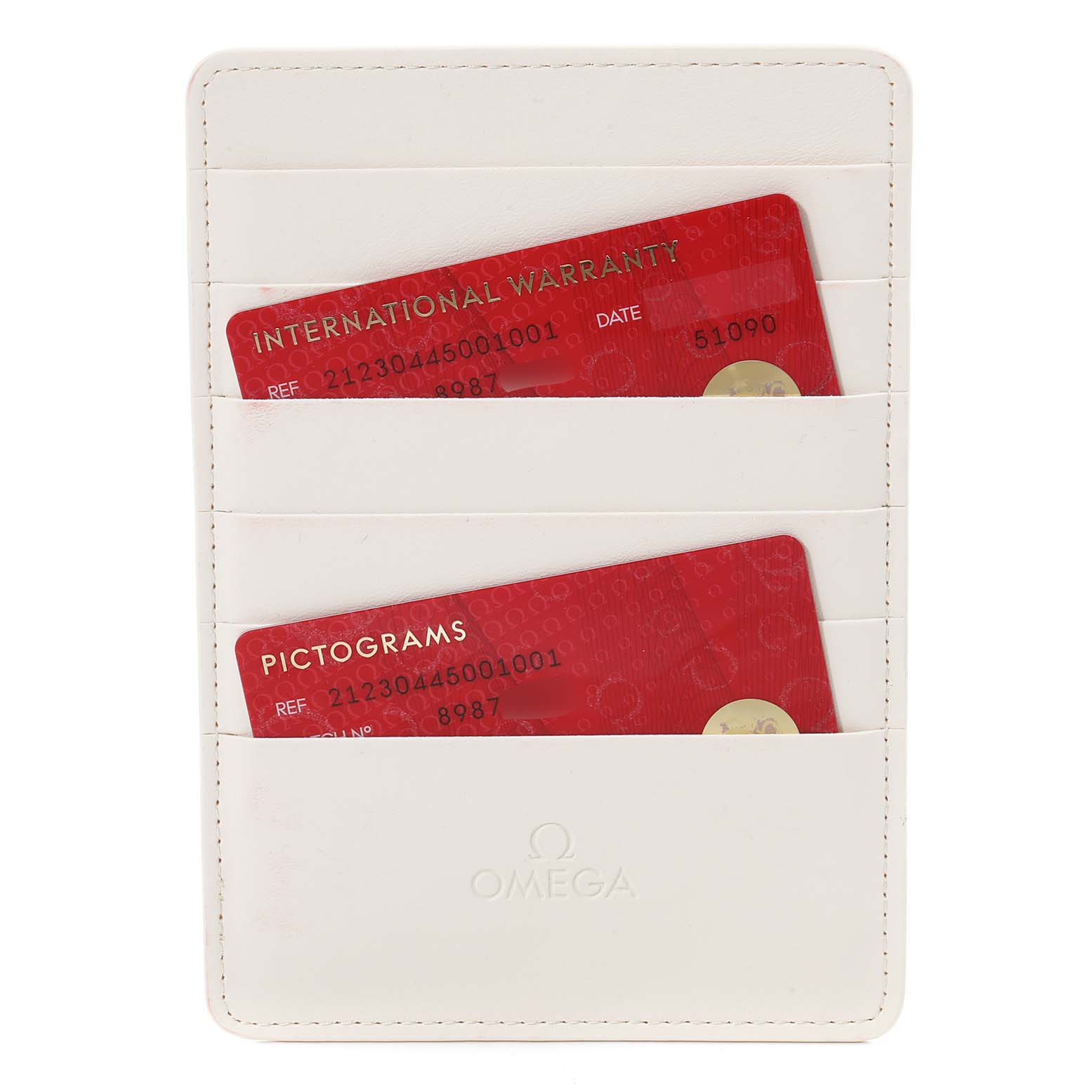 The image shows an Omega-branded cardholder containing International Warranty and Pictograms cards for the Omega Seamaster 212.30.44.50.01.001 Men
s Stainless Steel Black Dial 212.30.44.50.01.001 Men
s Stainless Steel Black Dial model.