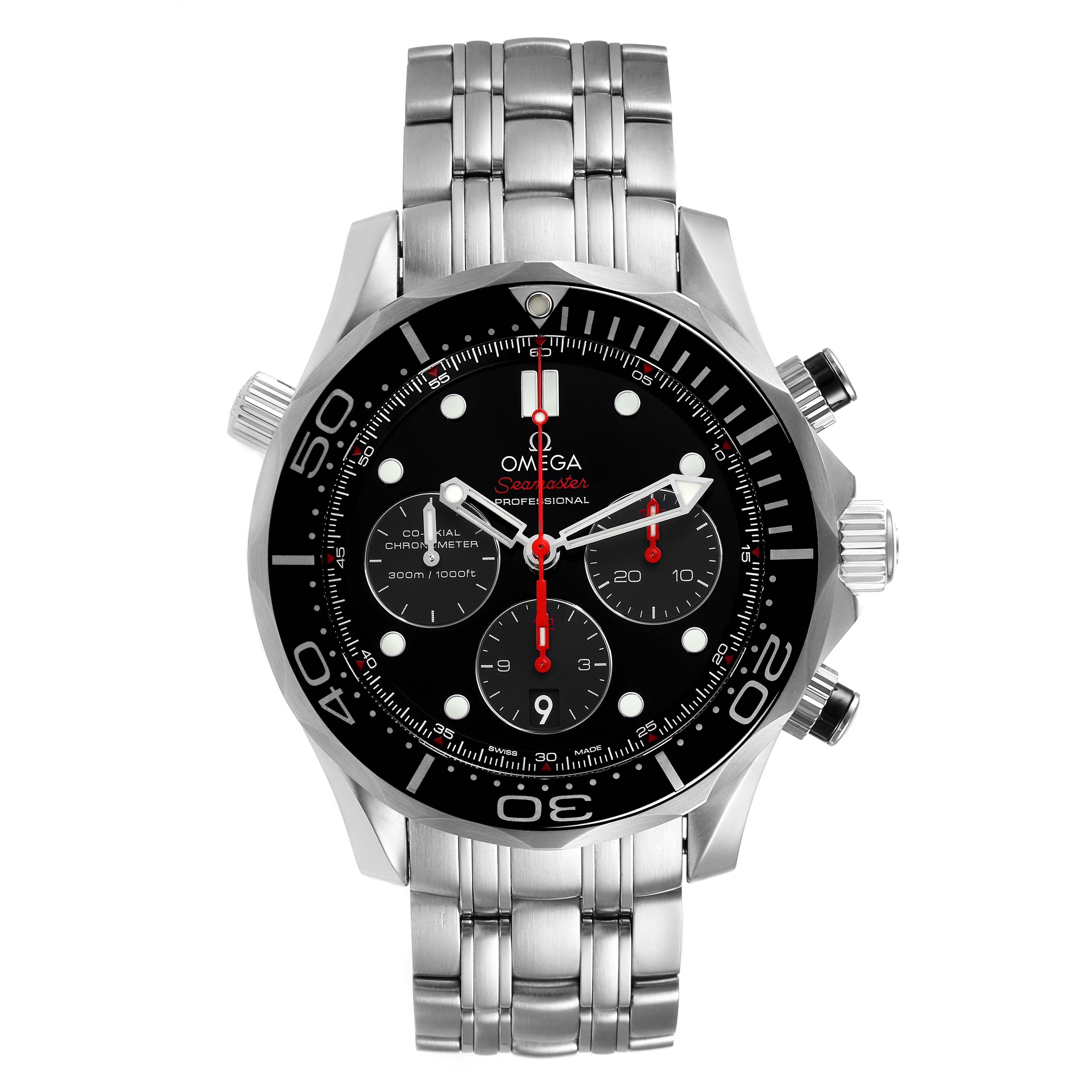 This image shows a front-facing view of an Omega Seamaster 212.30.44.50.01.001 Men
s Stainless Steel Black Dial 212.30.44.50.01.001 Men
s Stainless Steel Black Dial watch, highlighting its face, bezel, and stainless steel bracelet.