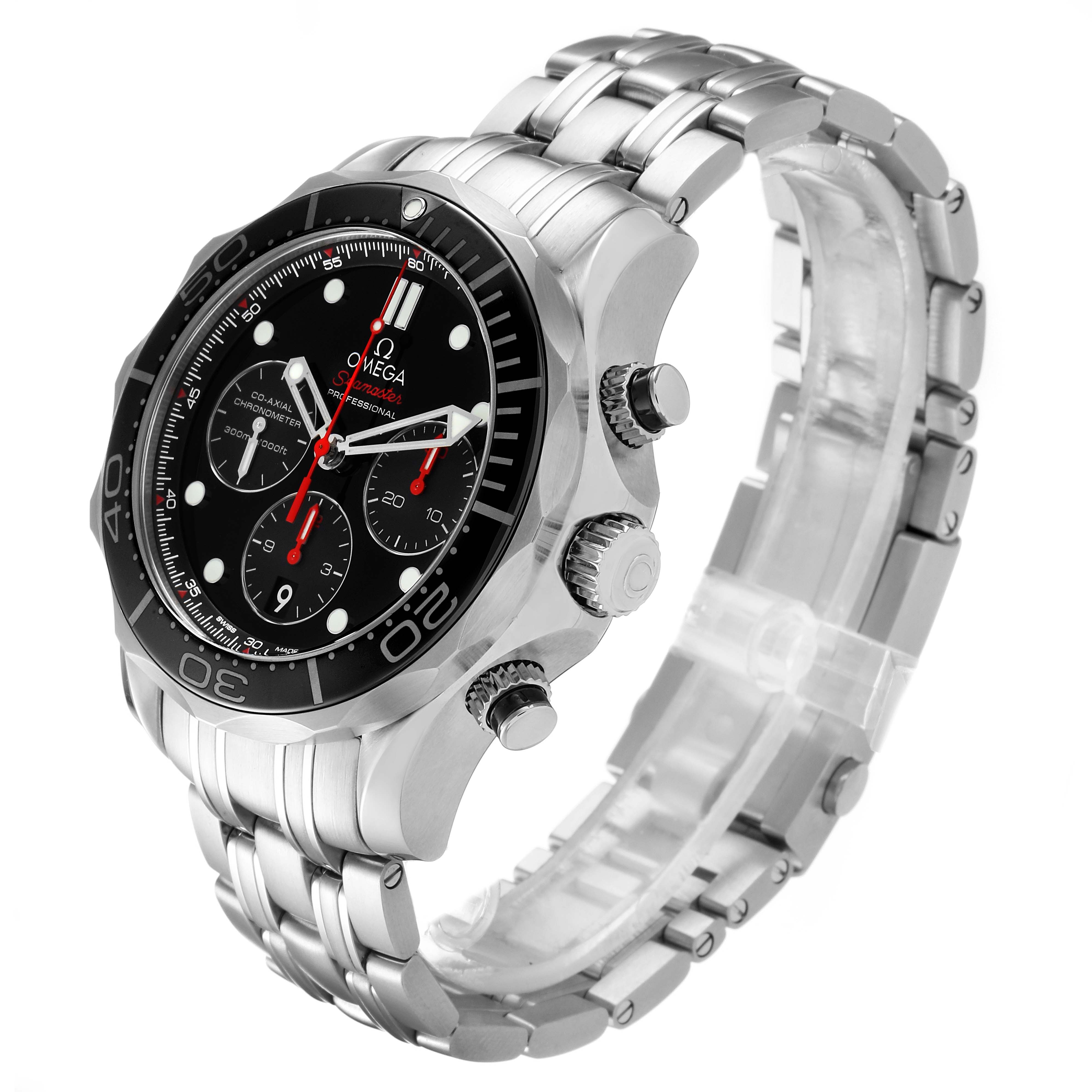 The image shows an Omega Seamaster 212.30.44.50.01.001 Men
s Stainless Steel Black Dial 212.30.44.50.01.001 Men
s Stainless Steel Black Dial watch from an angled side view, highlighting the face, bezel, crown, and stainless steel bracelet.