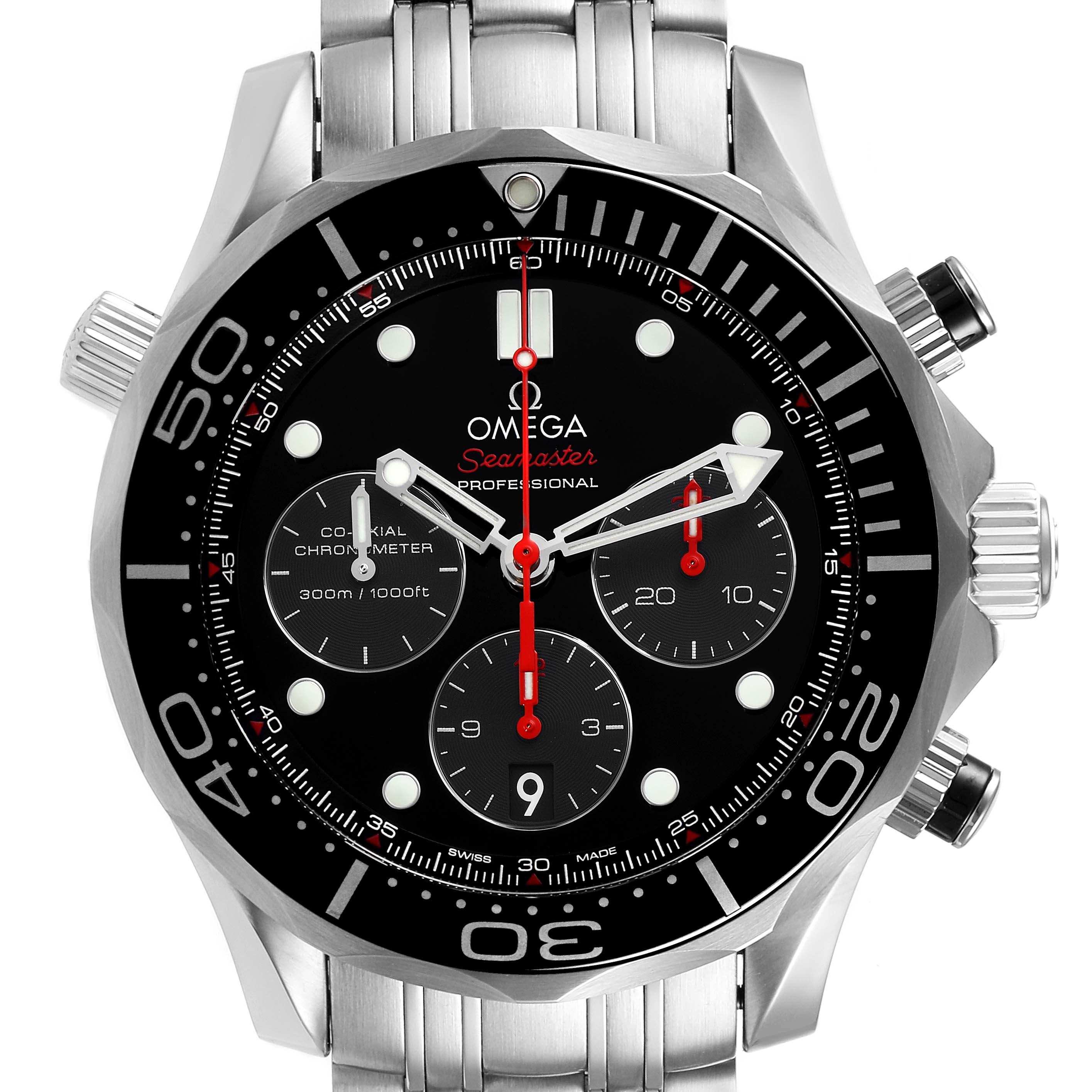 The Omega Seamaster 212.30.44.50.01.001 Men
s Stainless Steel Black Dial 212.30.44.50.01.001 Men
s Stainless Steel Black Dial watch is shown from a front view, displaying its face, bezel, and parts of its metal bracelet.