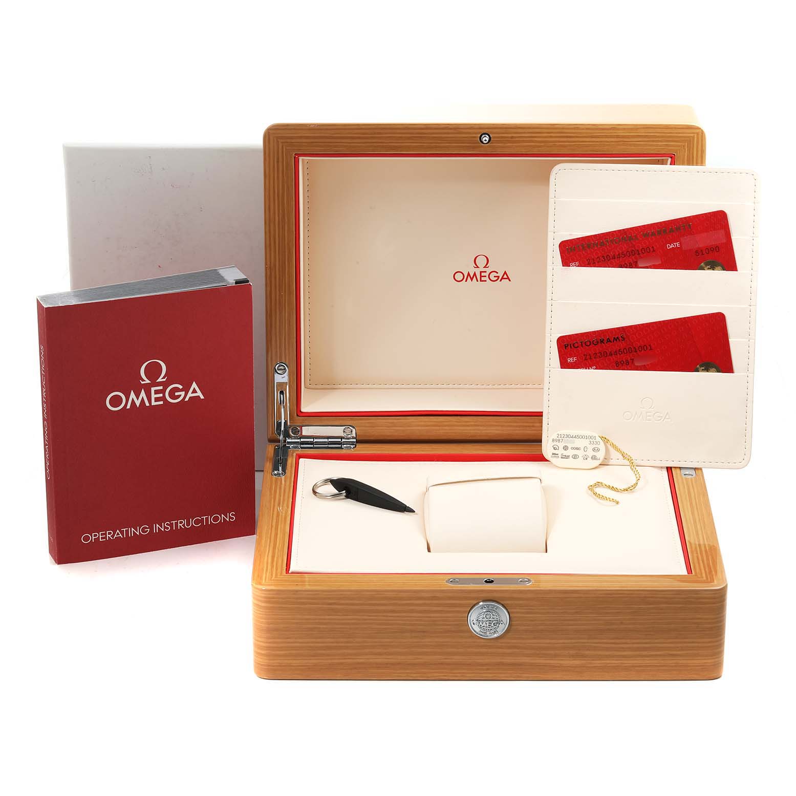 The image shows an open Omega Seamaster 212.30.44.50.01.001 Men
s Stainless Steel Black Dial 212.30.44.50.01.001 Men
s Stainless Steel Black Dial watch box with operating instructions, two red cards, and a certificate holder.