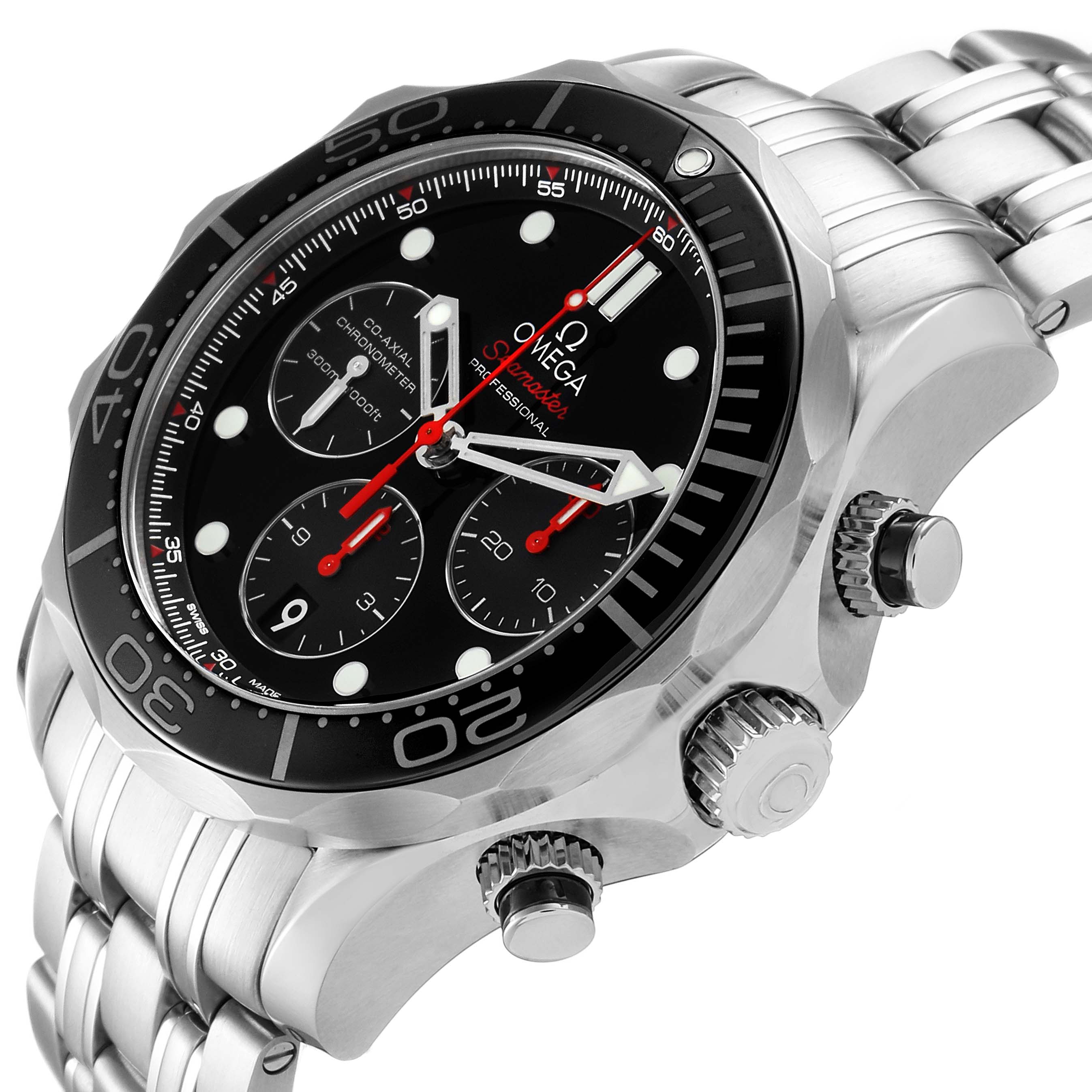 The image shows an angled side view of the Omega Seamaster 212.30.44.50.01.001 Men
s Stainless Steel Black Dial 212.30.44.50.01.001 Men
s Stainless Steel Black Dial watch, highlighting the dial, bezel, crown, and chronograph pushers.