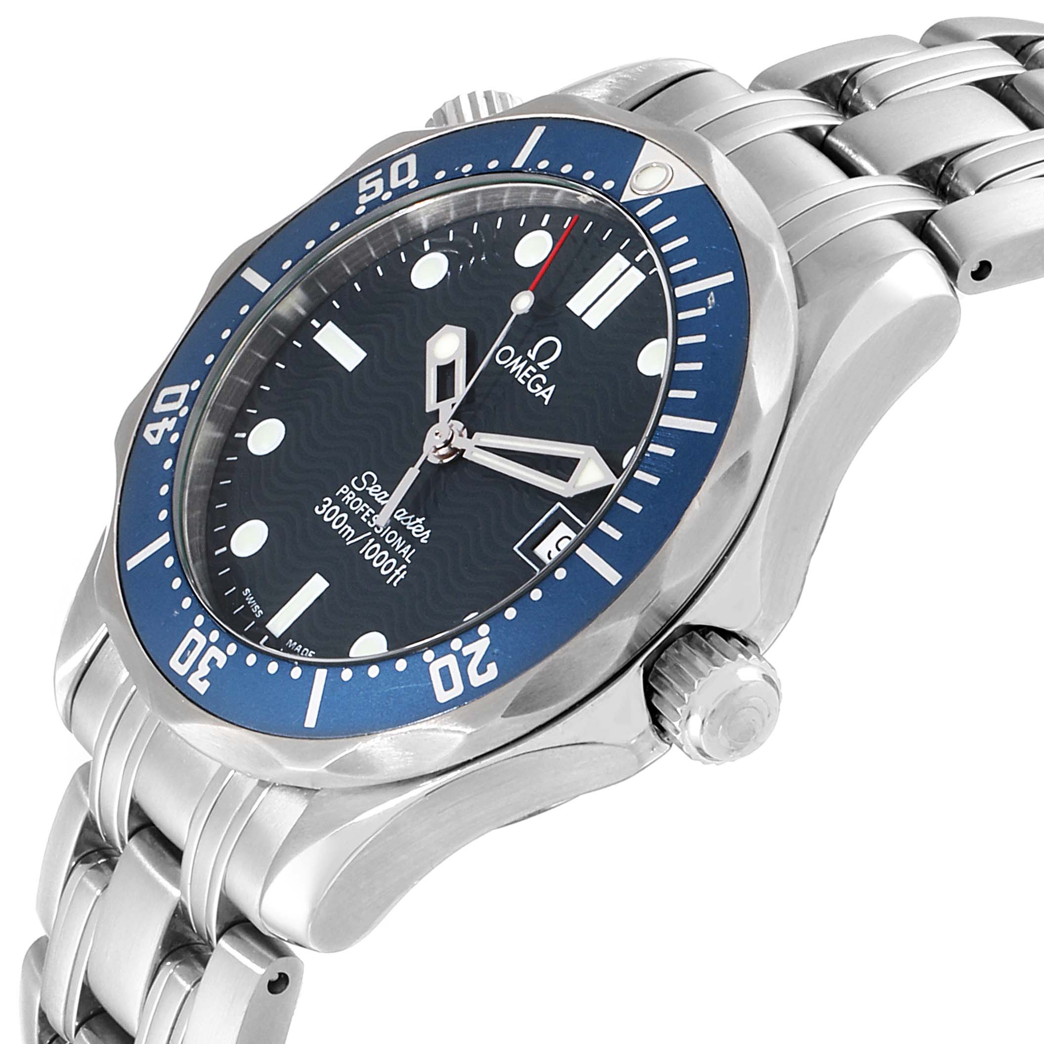 The image shows an angled view of the Omega Seamaster 2561.80.00 Men
s Stainless Steel Blue Dial 2561.80.00 Men
s Stainless Steel Blue Dial watch, featuring the dial, bezel, crown, and part of the bracelet.