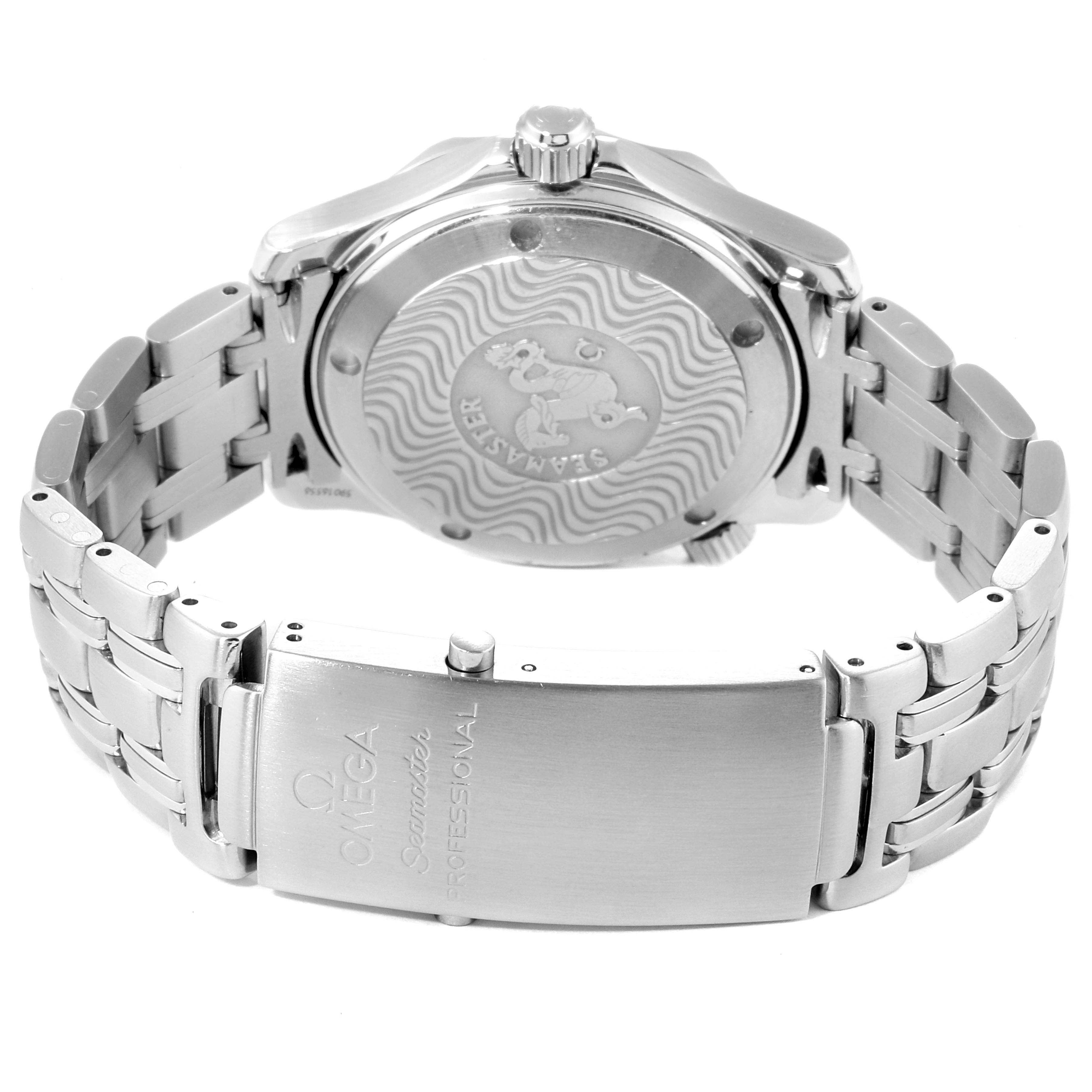 This image shows the back case and bracelet clasp of an Omega Seamaster 2561.80.00 Men
s Stainless Steel Blue Dial 2561.80.00 Men
s Stainless Steel Blue Dial watch.