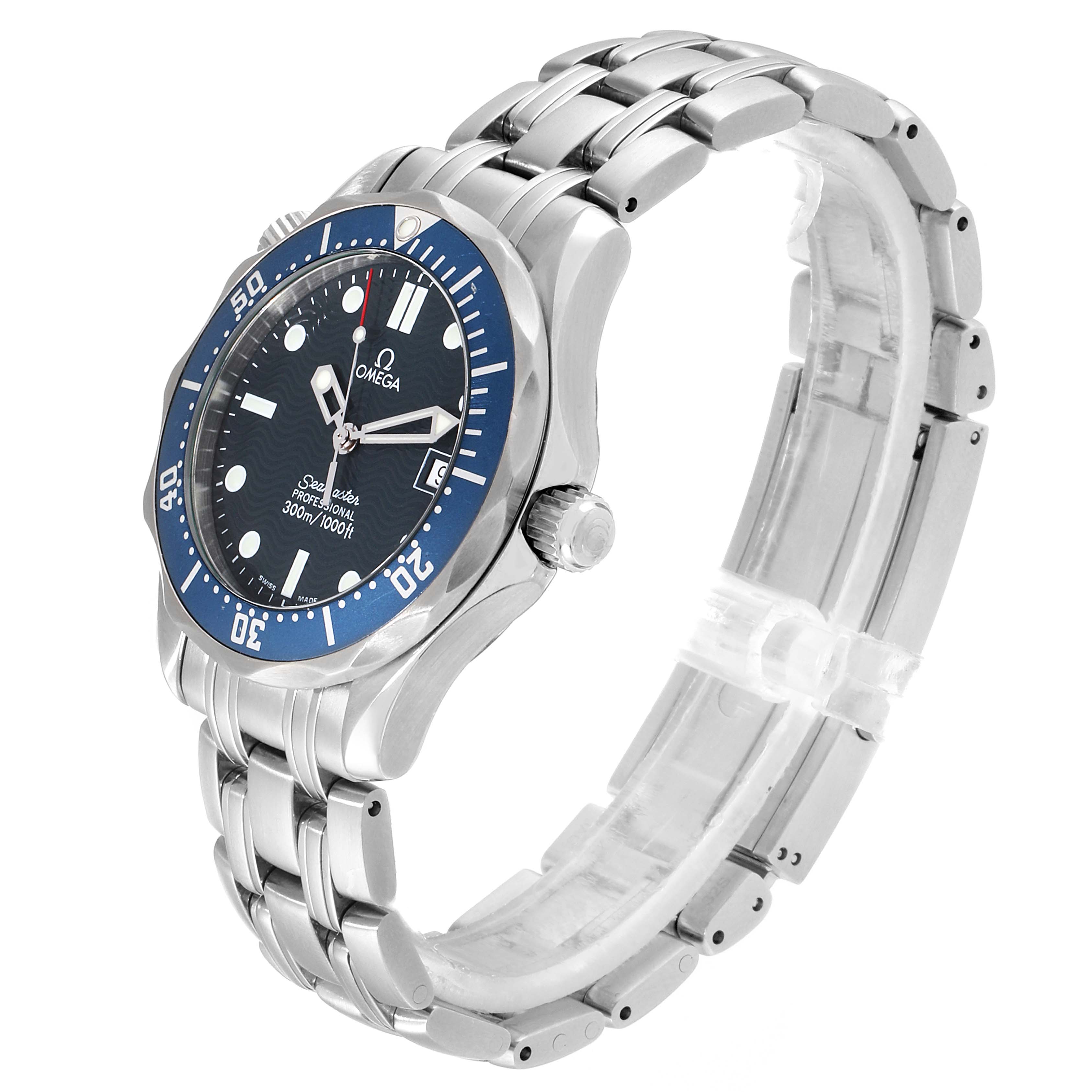 The image shows an Omega Seamaster 2561.80.00 Men
s Stainless Steel Blue Dial 2561.80.00 Men
s Stainless Steel Blue Dial watch at a three-quarter angle, highlighting the dial, bracelet, and bezel.