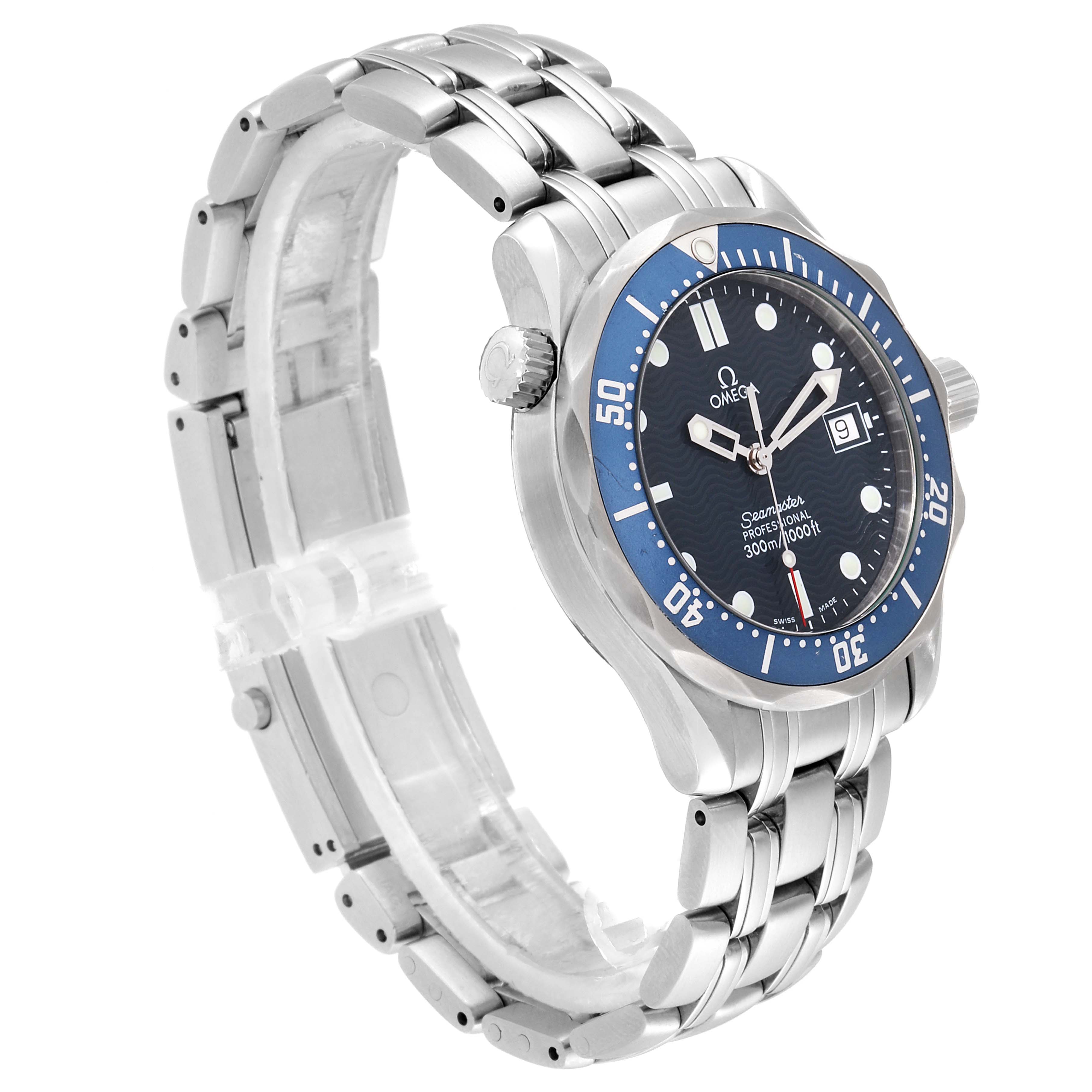 The image shows a side angle view of the Omega Seamaster 2561.80.00 Men
s Stainless Steel Blue Dial 2561.80.00 Men
s Stainless Steel Blue Dial watch, highlighting the face, bezel, and bracelet.