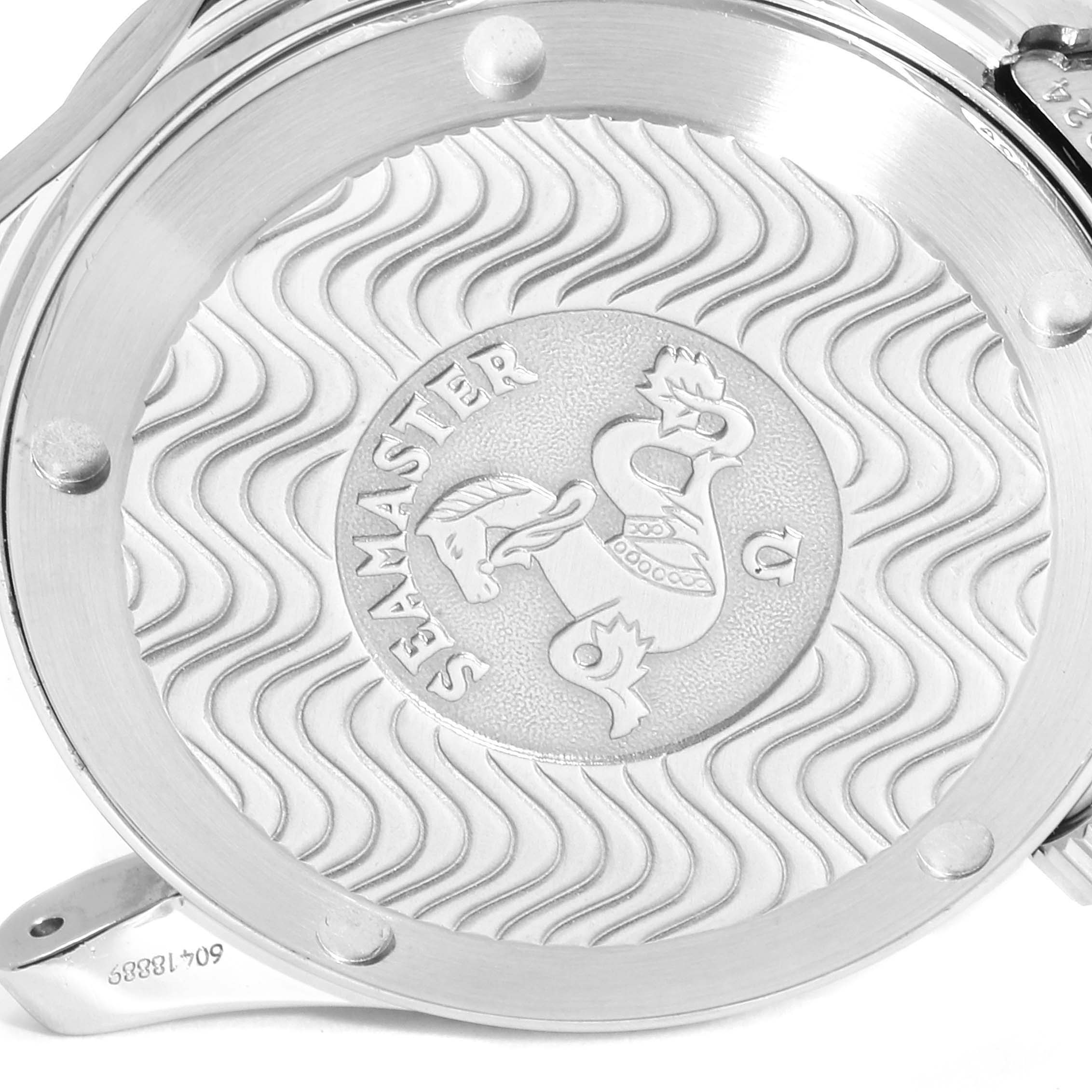 This image shows the case back of the Omega Seamaster 27803 Men
s Stainless Steel Blue Dial 27803 Men
s Stainless Steel Blue Dial watch, featuring the engraved design and model name.