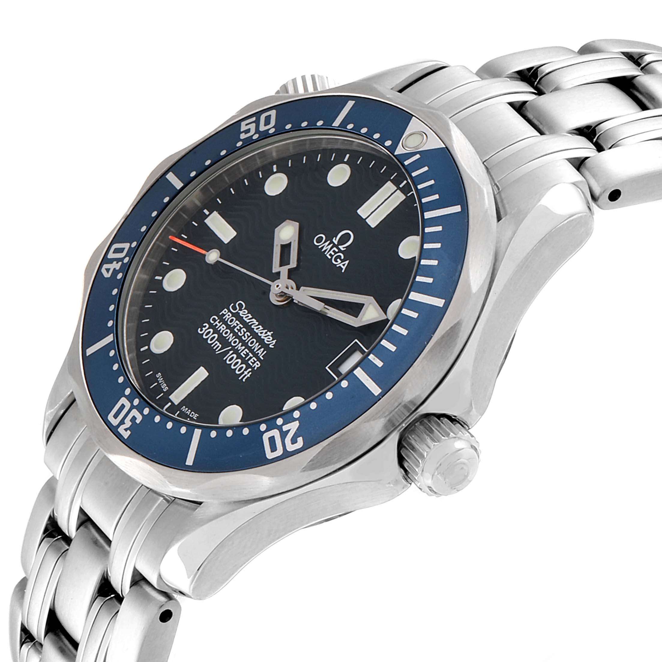 The image shows an angled view of the Omega Seamaster 27803 Men
s Stainless Steel Blue Dial 27803 Men
s Stainless Steel Blue Dial watch, highlighting its face, bezel, crown, and bracelet.