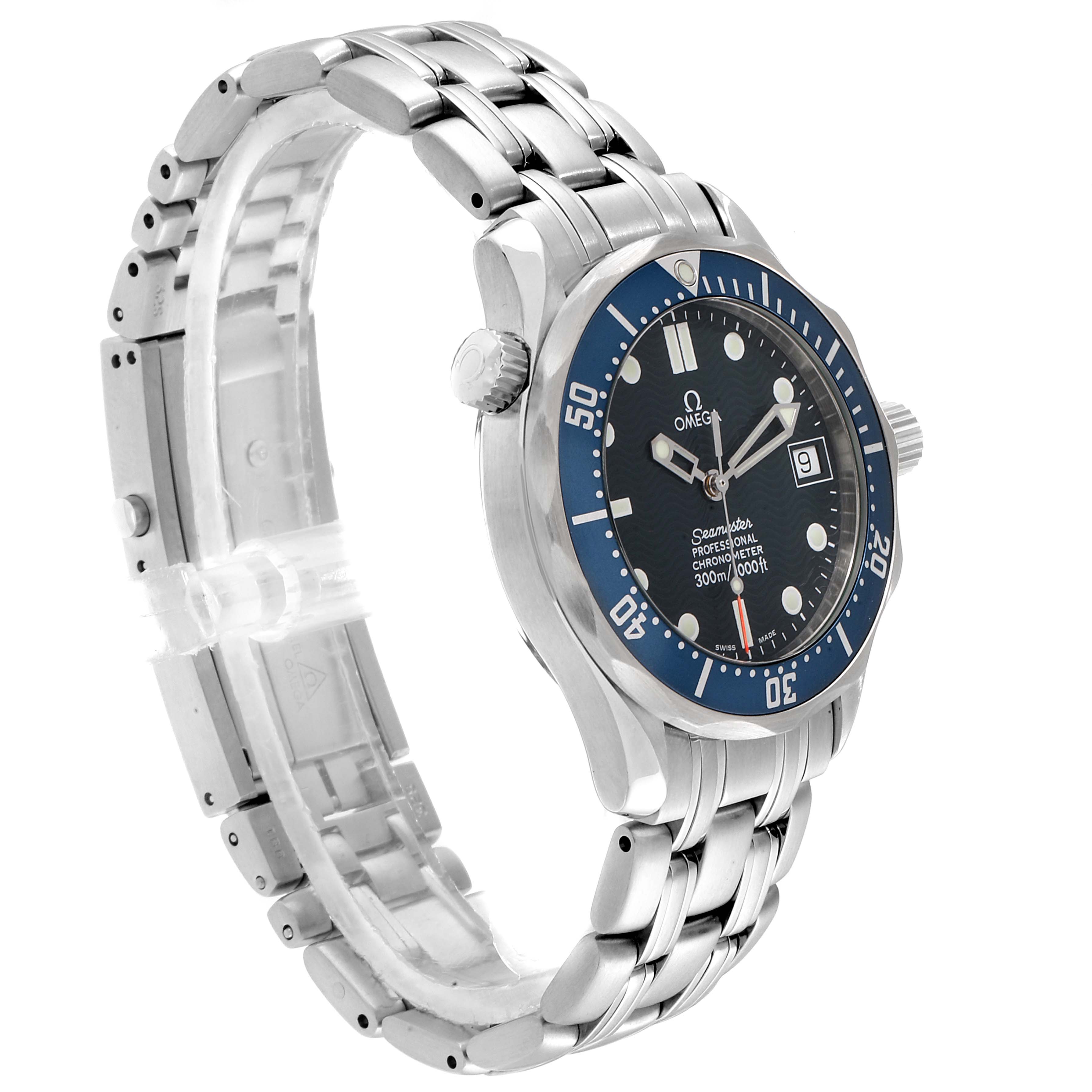 This image shows a side angle of the Omega Seamaster 27803 Men
s Stainless Steel Blue Dial 27803 Men
s Stainless Steel Blue Dial watch, highlighting the dial, bezel, case, and stainless steel bracelet.