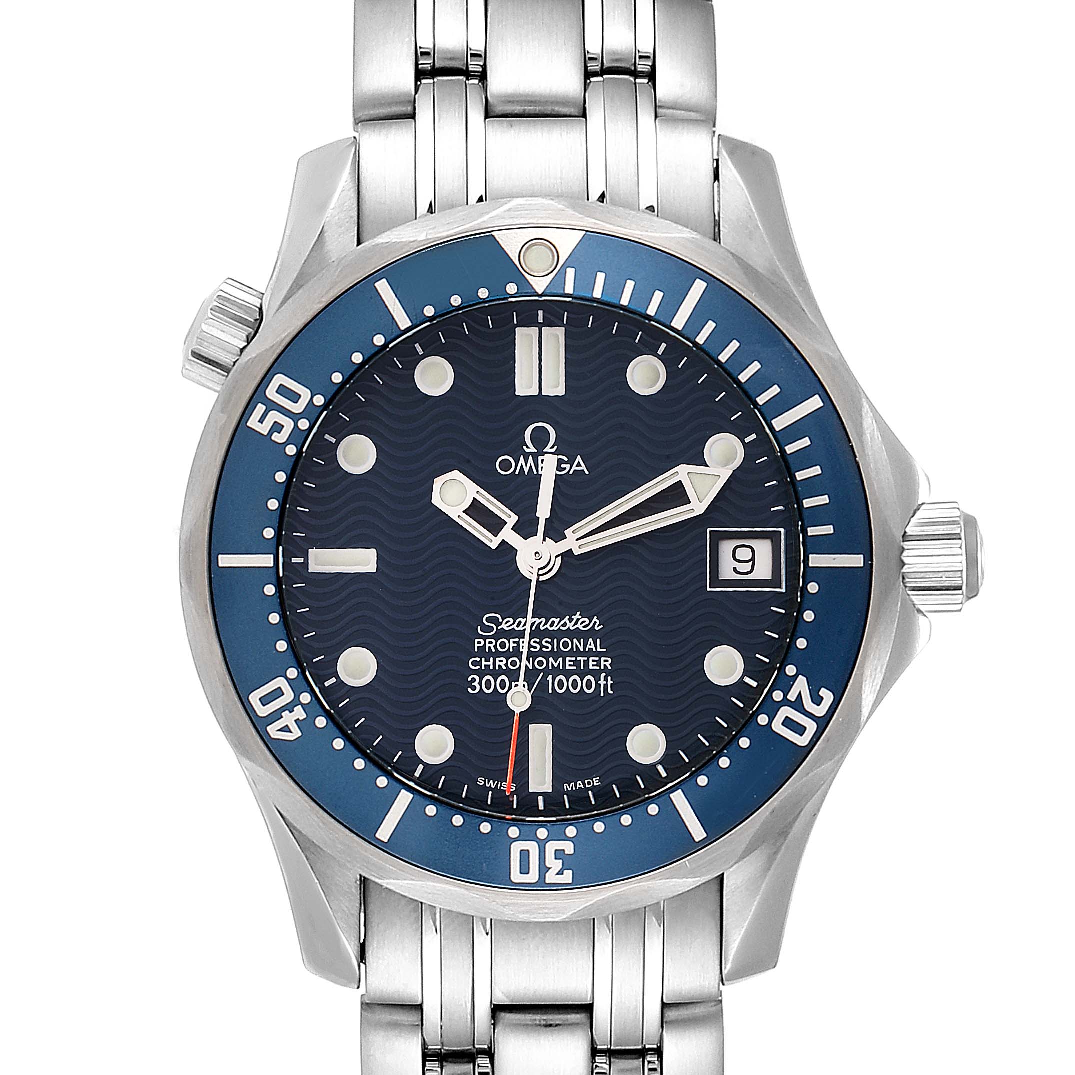 The image shows a front view of an Omega Seamaster 27803 Men
s Stainless Steel Blue Dial 27803 Men
s Stainless Steel Blue Dial watch, displaying its blue dial, bezel, and stainless steel bracelet.