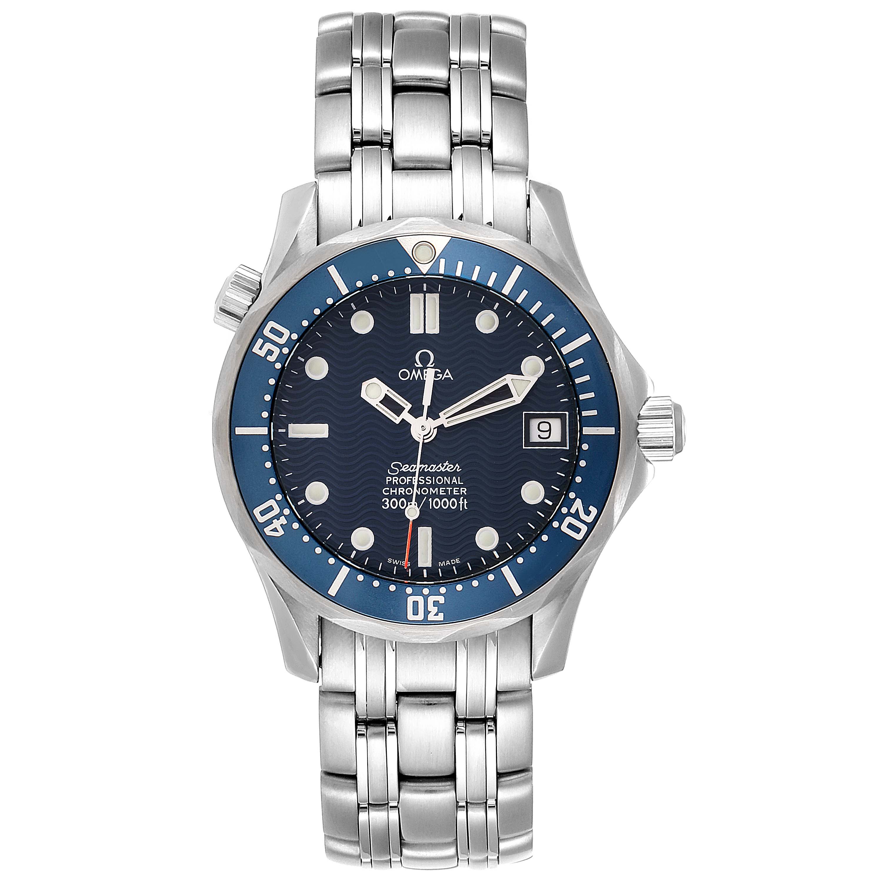 The Omega Seamaster 27803 Men
s Stainless Steel Blue Dial 27803 Men
s Stainless Steel Blue Dial watch is shown from the front, displaying the face, bezel, bracelet, and crown.