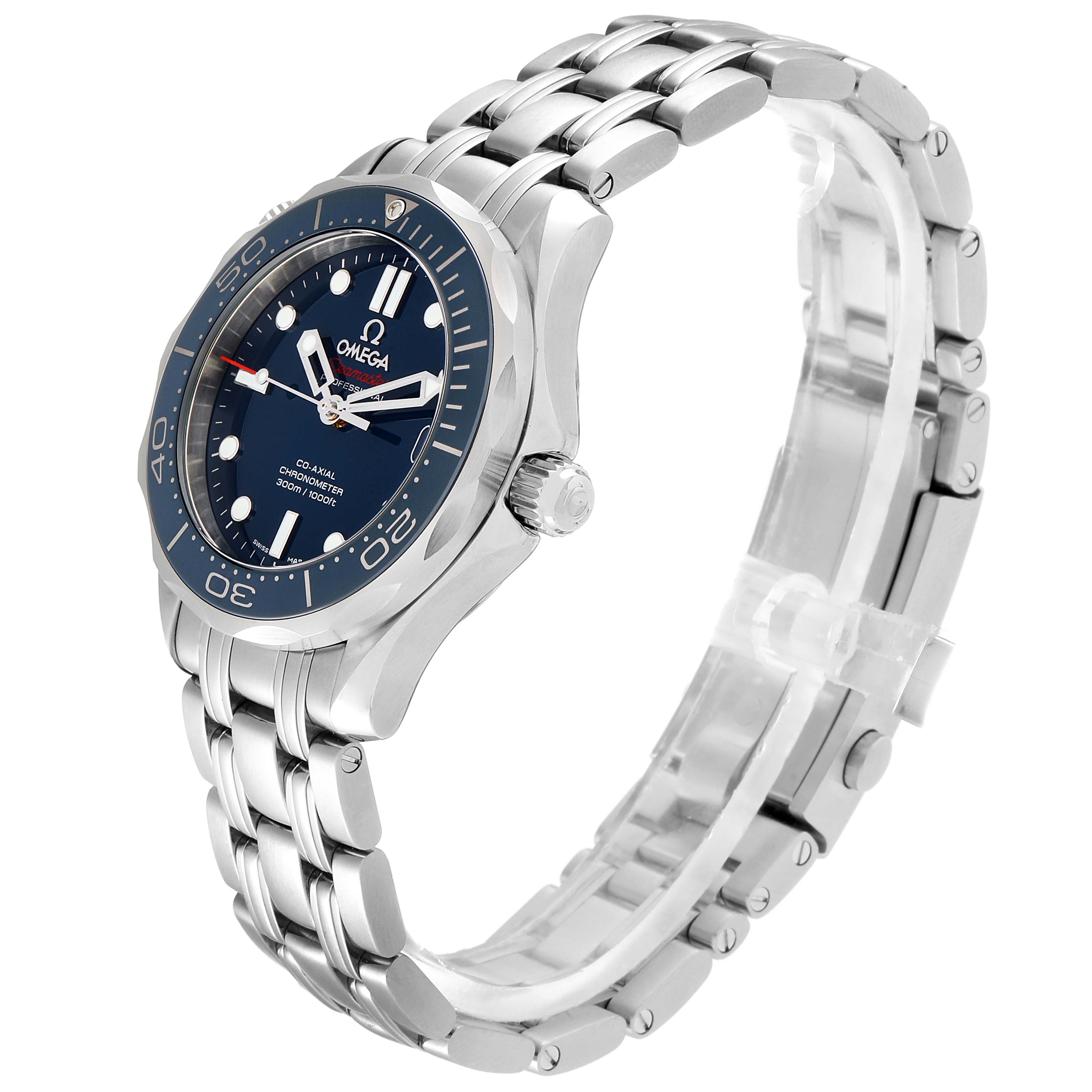 This image shows a side and front angle of the Omega Seamaster 212.30.36.20.03.001 Men
s Stainless Steel Blue Dial 212.30.36.20.03.001 Men
s Stainless Steel Blue Dial watch, highlighting the dial, bezel, crown, and bracelet.