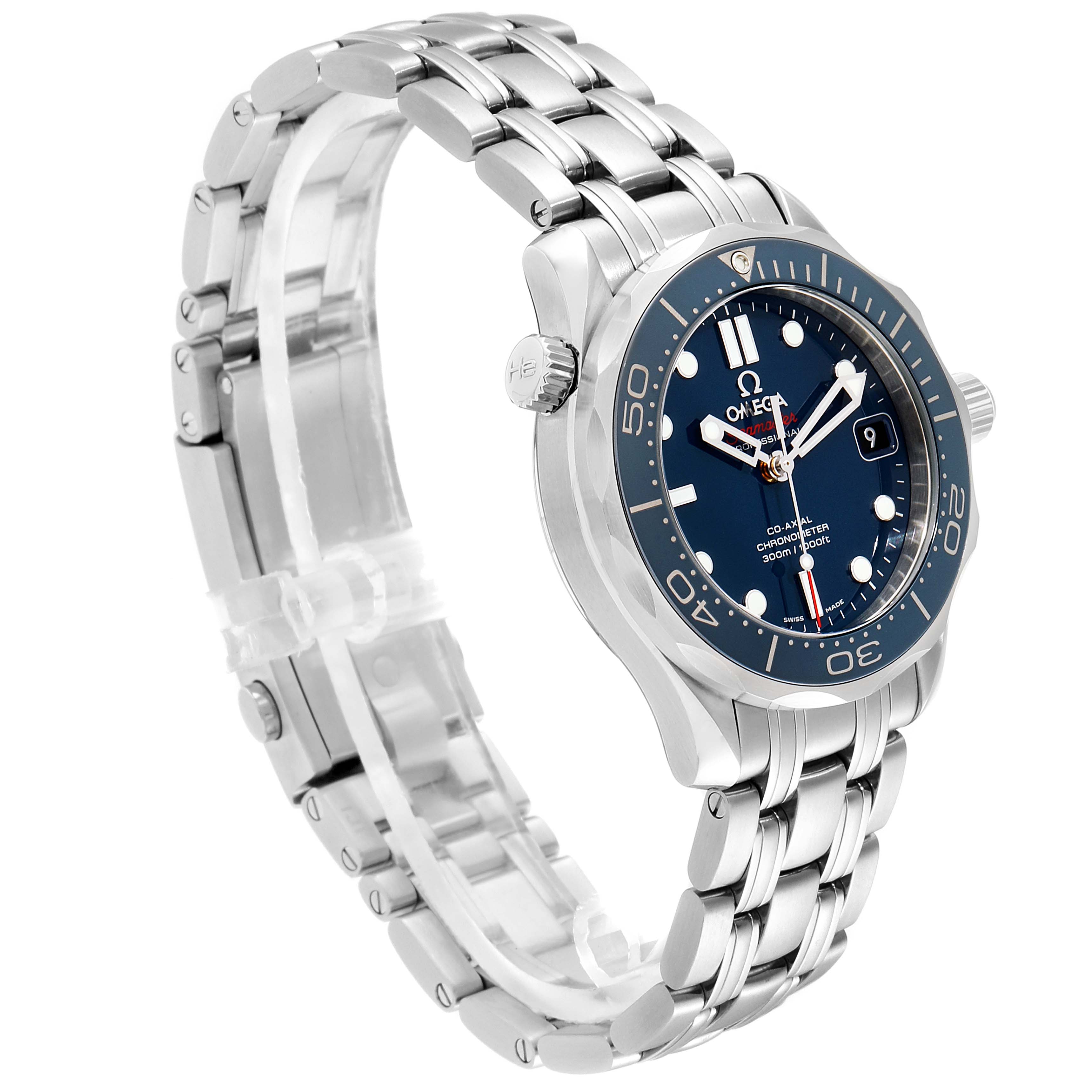 The Omega Seamaster 212.30.36.20.03.001 Men
s Stainless Steel Blue Dial 212.30.36.20.03.001 Men
s Stainless Steel Blue Dial watch is shown at an angle highlighting its face, bezel, crown, and stainless-steel bracelet.
