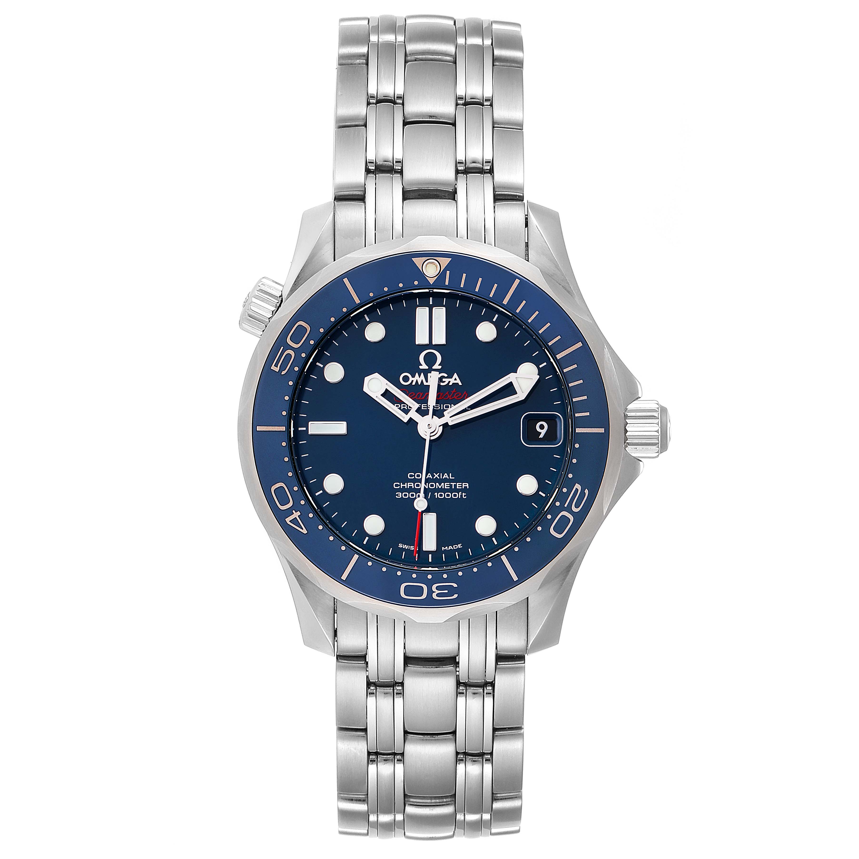 This image shows a front view of the Omega Seamaster 212.30.36.20.03.001 Men
s Stainless Steel Blue Dial 212.30.36.20.03.001 Men
s Stainless Steel Blue Dial watch, highlighting its face, bezel, crown, and metal bracelet.