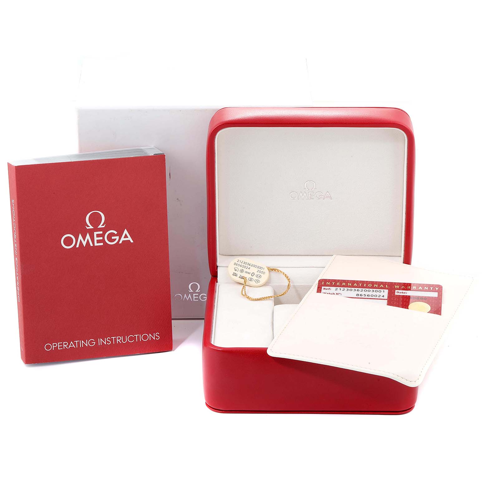 The image shows the Omega Seamaster 212.30.36.20.03.001 Men
s Stainless Steel Blue Dial 212.30.36.20.03.001 Men
s Stainless Steel Blue Dial watch
s packaging, including a red box, operating instructions, warranty card, and a tag.