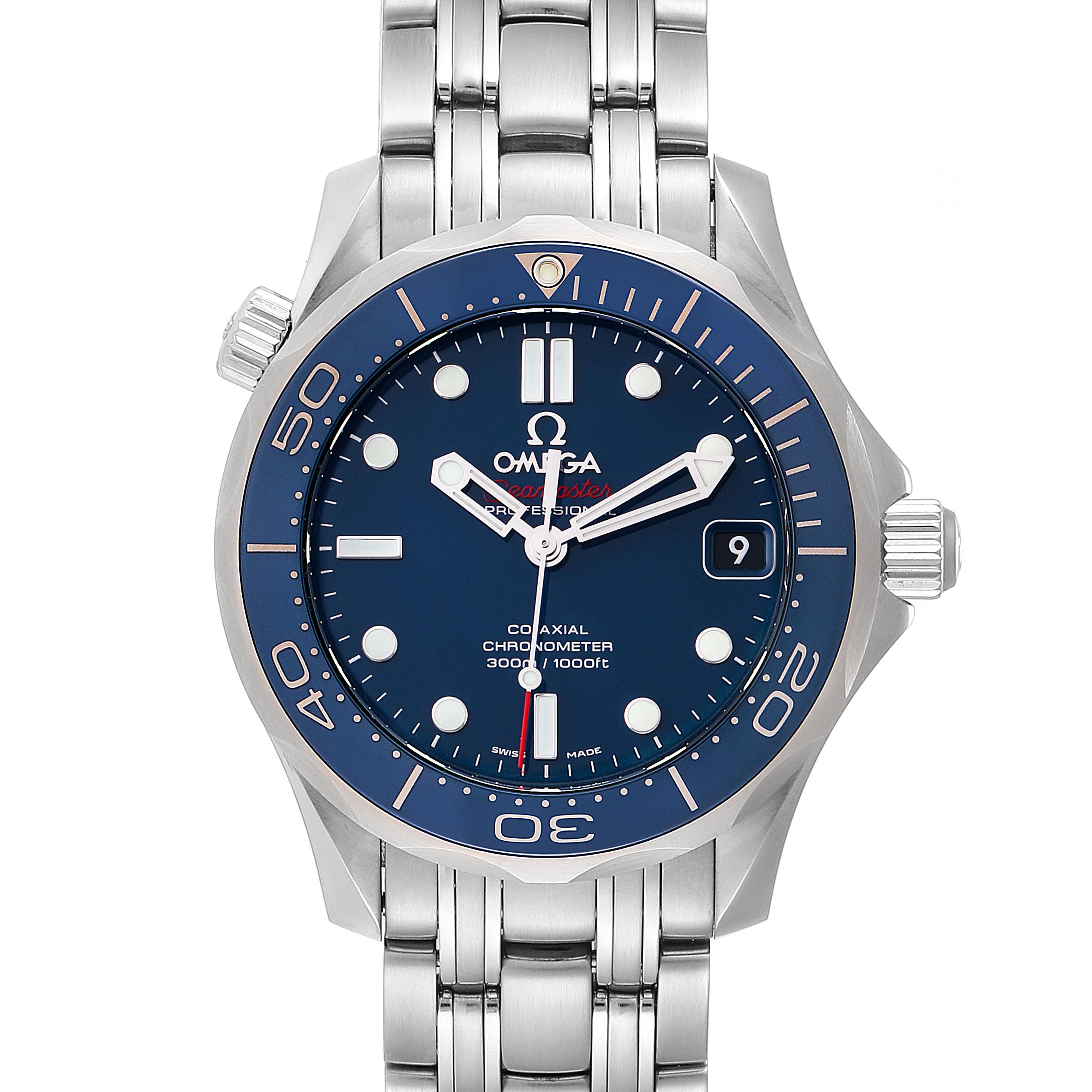 The image shows a front view of an Omega Seamaster 212.30.36.20.03.001 Men
s Stainless Steel Blue Dial 212.30.36.20.03.001 Men
s Stainless Steel Blue Dial watch with a blue dial and stainless steel bracelet.