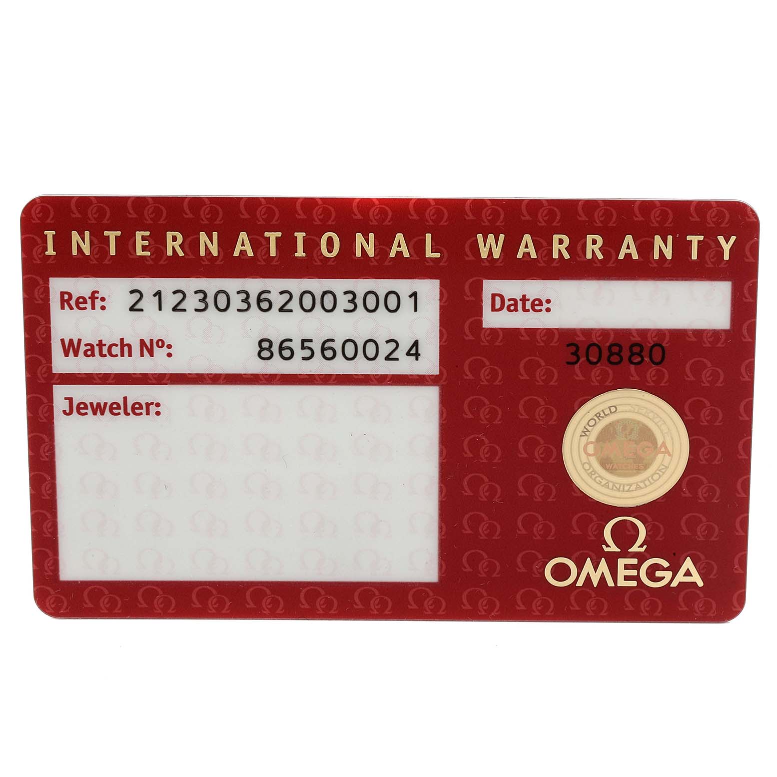 This is the international warranty card for the Omega Seamaster 212.30.36.20.03.001 Men
s Stainless Steel Blue Dial 212.30.36.20.03.001 Men
s Stainless Steel Blue Dial watch model.