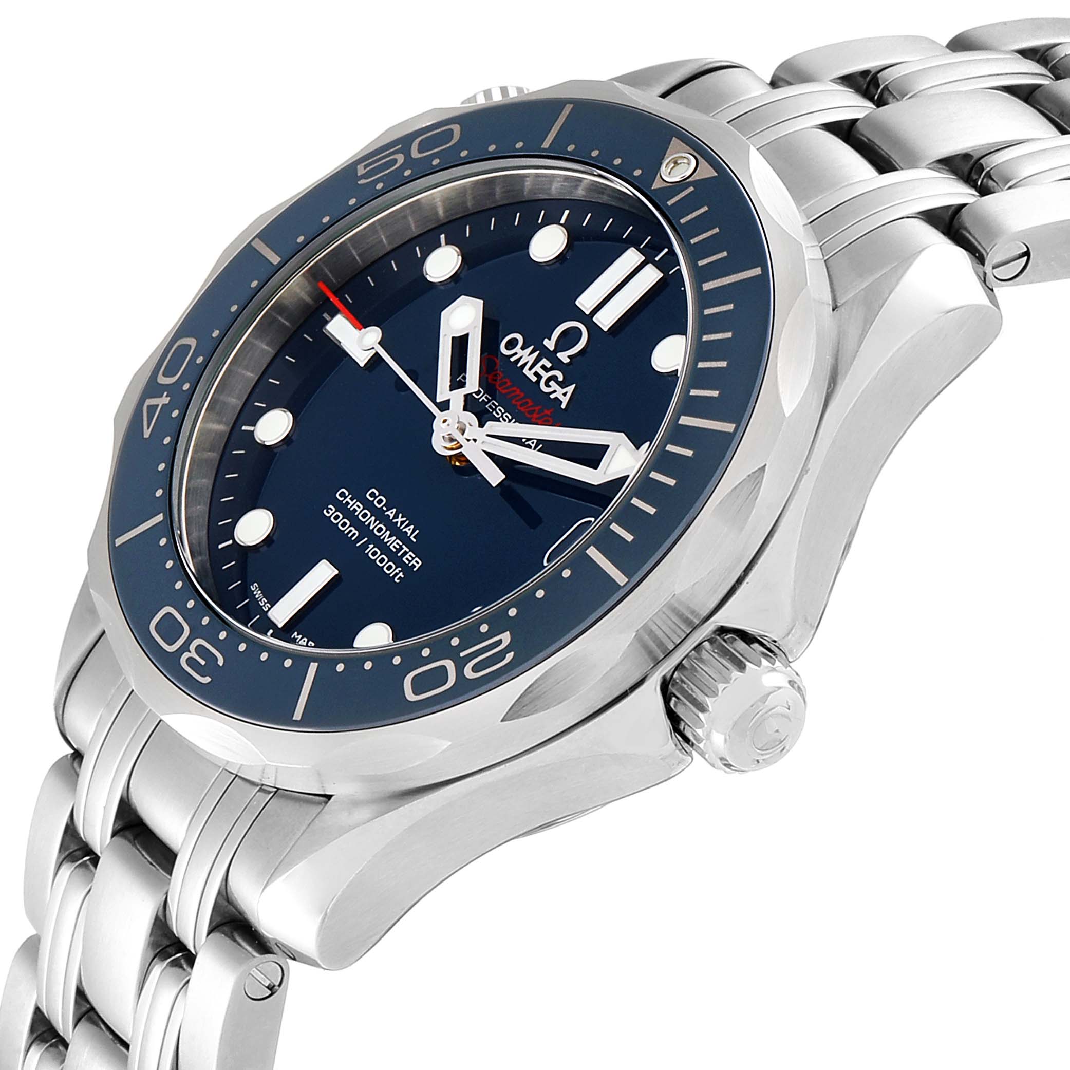 The Omega Seamaster 212.30.36.20.03.001 Men
s Stainless Steel Blue Dial 212.30.36.20.03.001 Men
s Stainless Steel Blue Dial watch is shown at a slight angle, highlighting its bezel, dial, crown, and stainless steel bracelet.