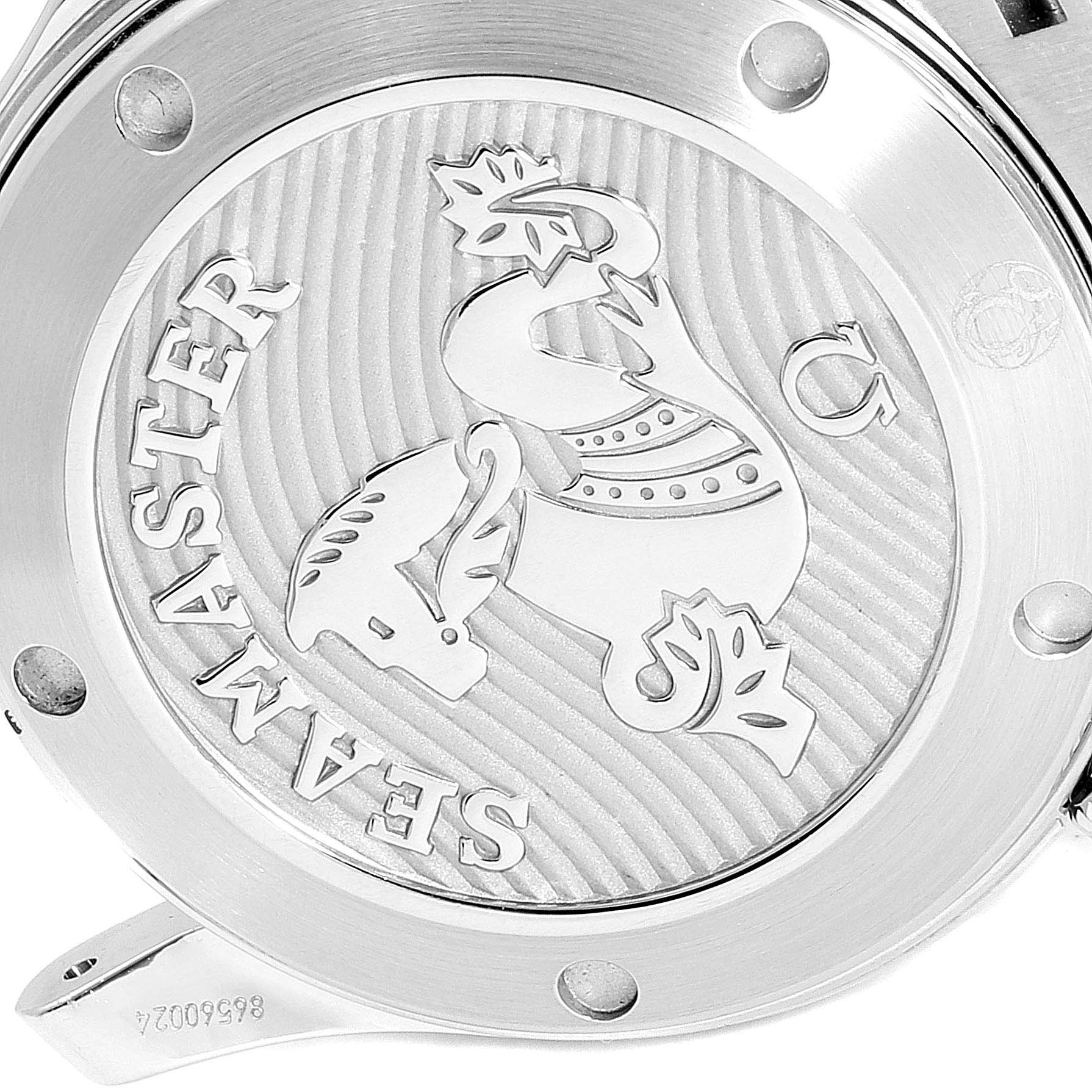 The image shows the case back of the Omega Seamaster 212.30.36.20.03.001 Men
s Stainless Steel Blue Dial 212.30.36.20.03.001 Men
s Stainless Steel Blue Dial watch with an engraved logo and text.