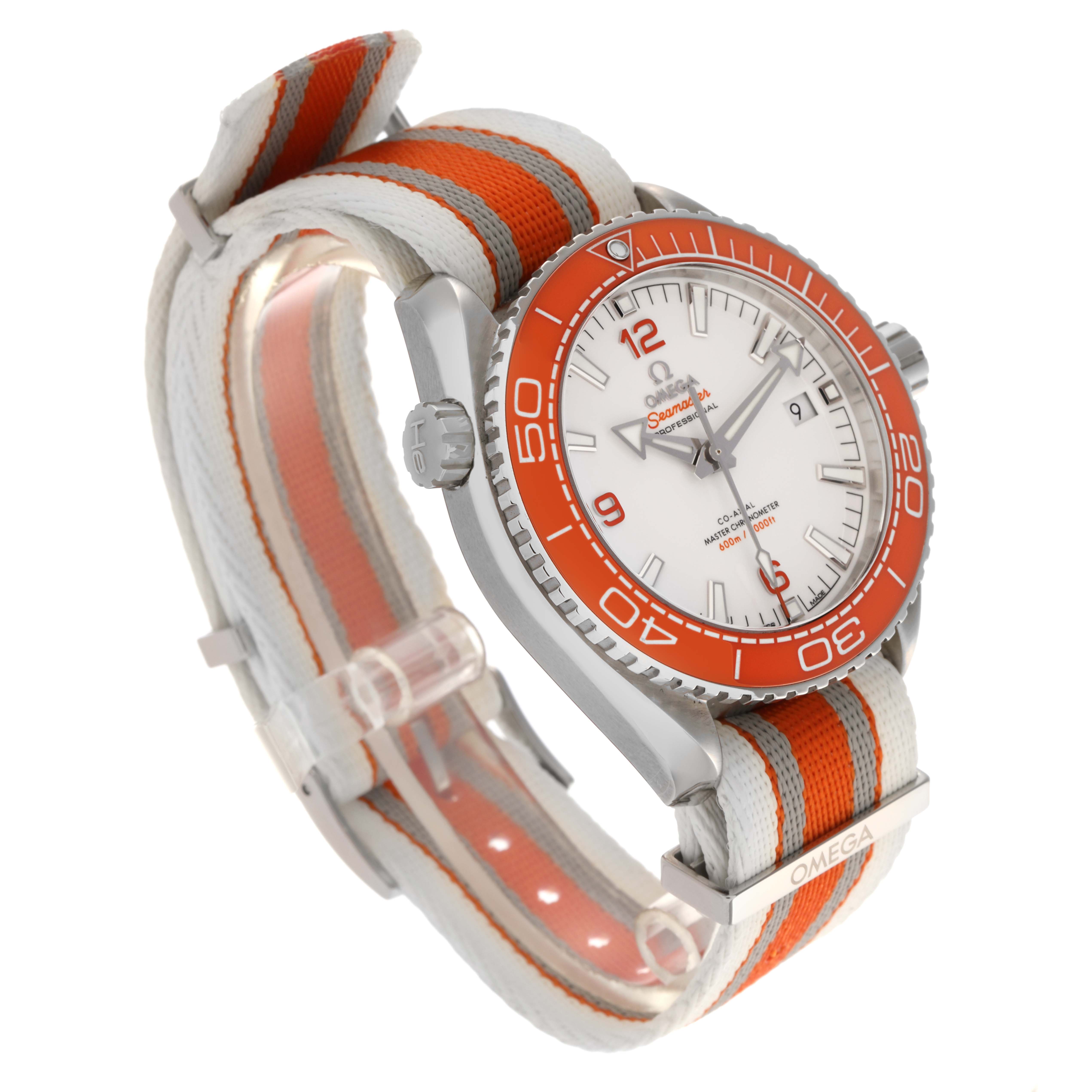 The Omega Planet Ocean 215.32.44.21.04.001 Men
s Stainless Steel White Dial 215.32.44.21.04.001 Men
s Stainless Steel White Dial watch is shown from a side angle, highlighting the bezel, dial, case, and strap.