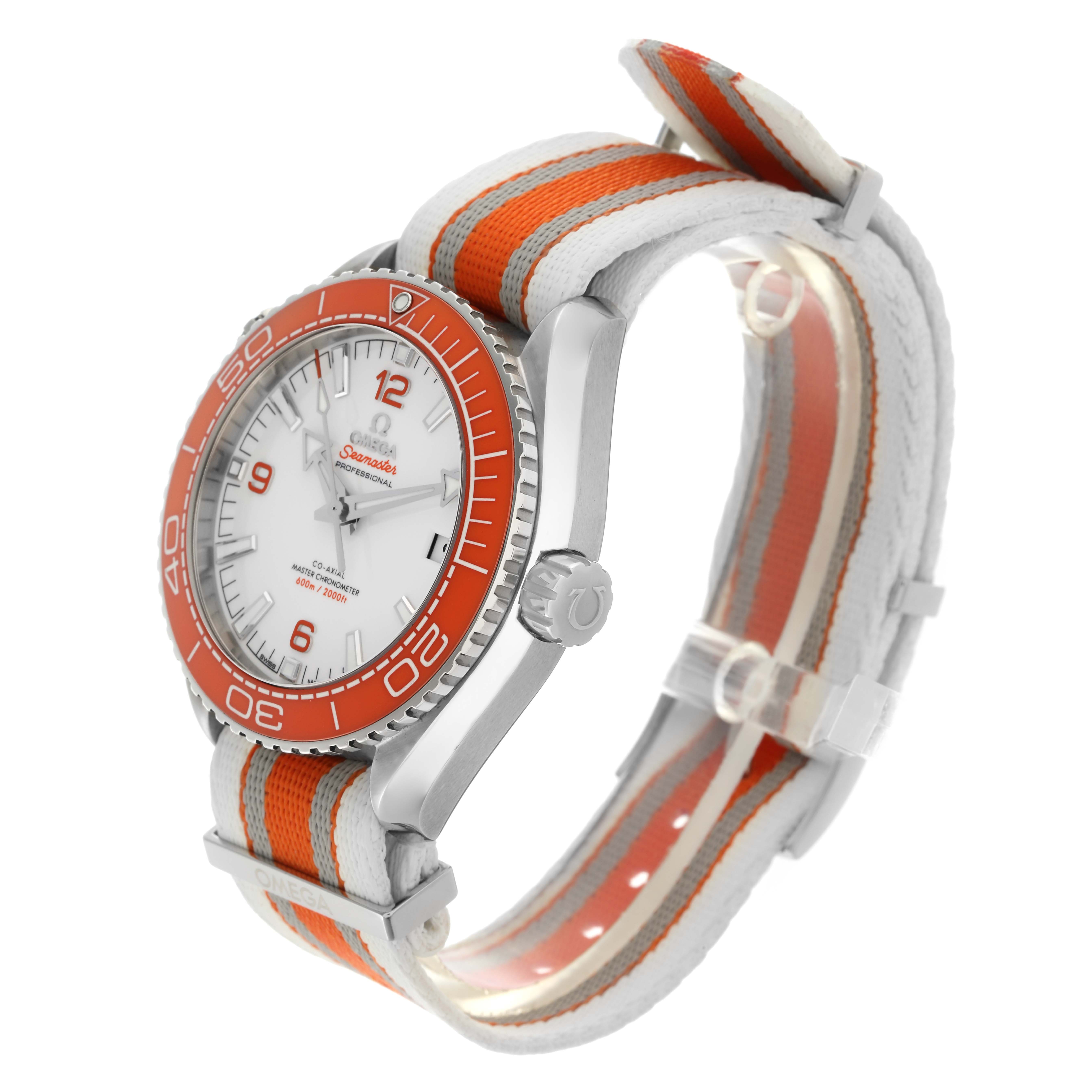 The Omega Planet Ocean 215.32.44.21.04.001 Men
s Stainless Steel White Dial 215.32.44.21.04.001 Men
s Stainless Steel White Dial watch is shown at a three-quarter angle, displaying the orange bezel, white dial, and striped NATO strap.