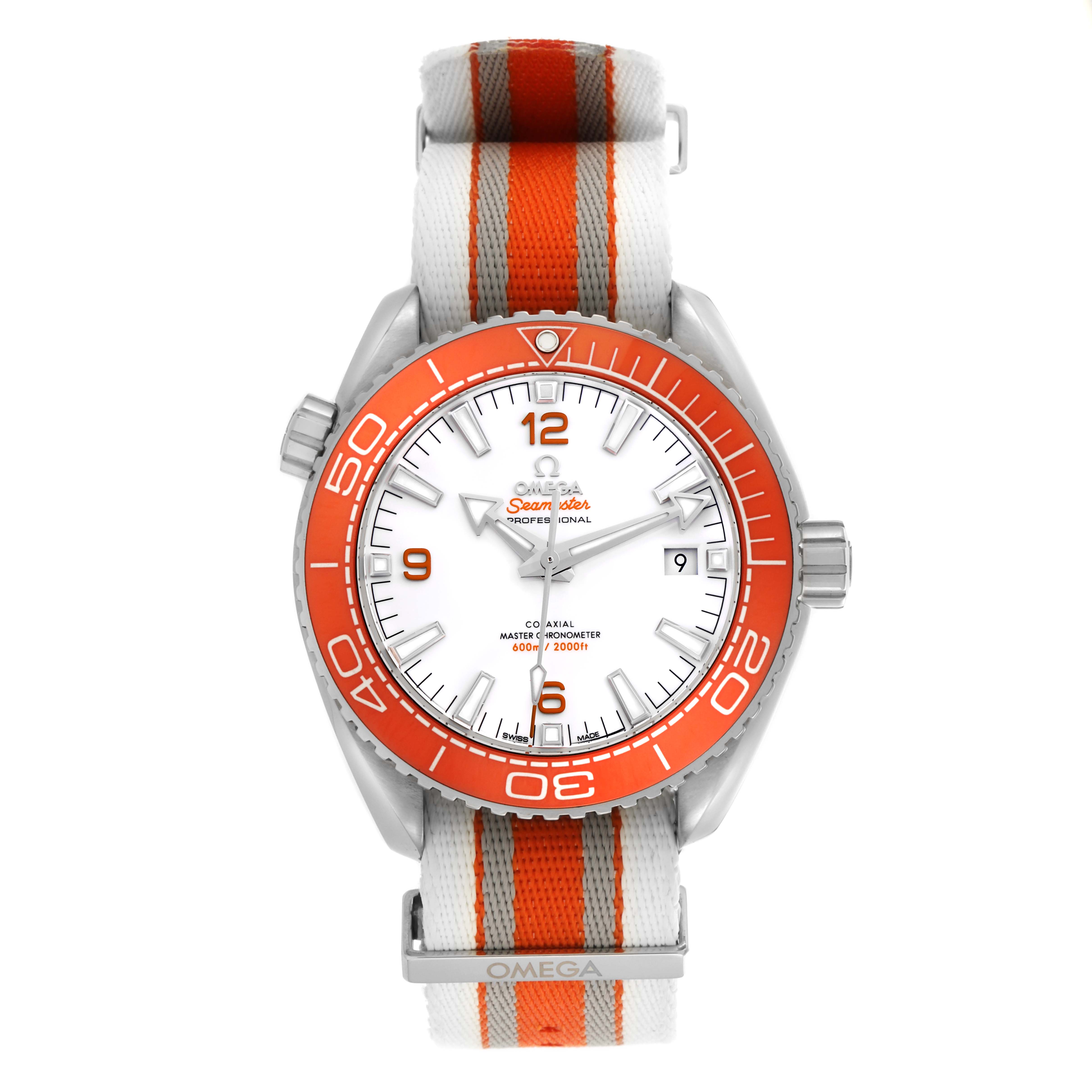 The Omega Planet Ocean 215.32.44.21.04.001 Men
s Stainless Steel White Dial 215.32.44.21.04.001 Men
s Stainless Steel White Dial watch is shown from a front angle, featuring a white dial, orange bezel, and striped NATO strap.