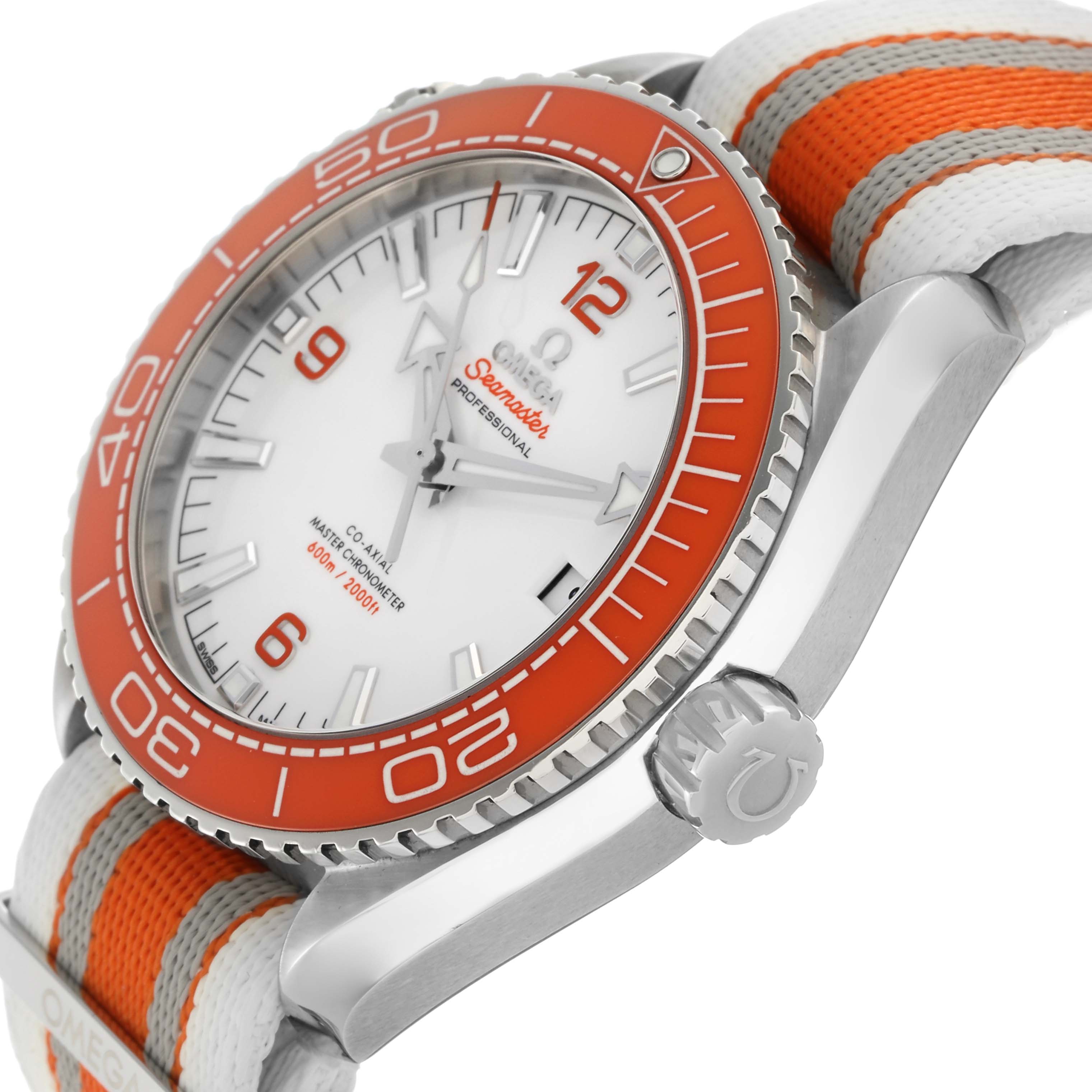 The Omega Planet Ocean 215.32.44.21.04.001 Men
s Stainless Steel White Dial 215.32.44.21.04.001 Men
s Stainless Steel White Dial watch is shown at a side angle, highlighting the orange bezel, crown, and striped strap.