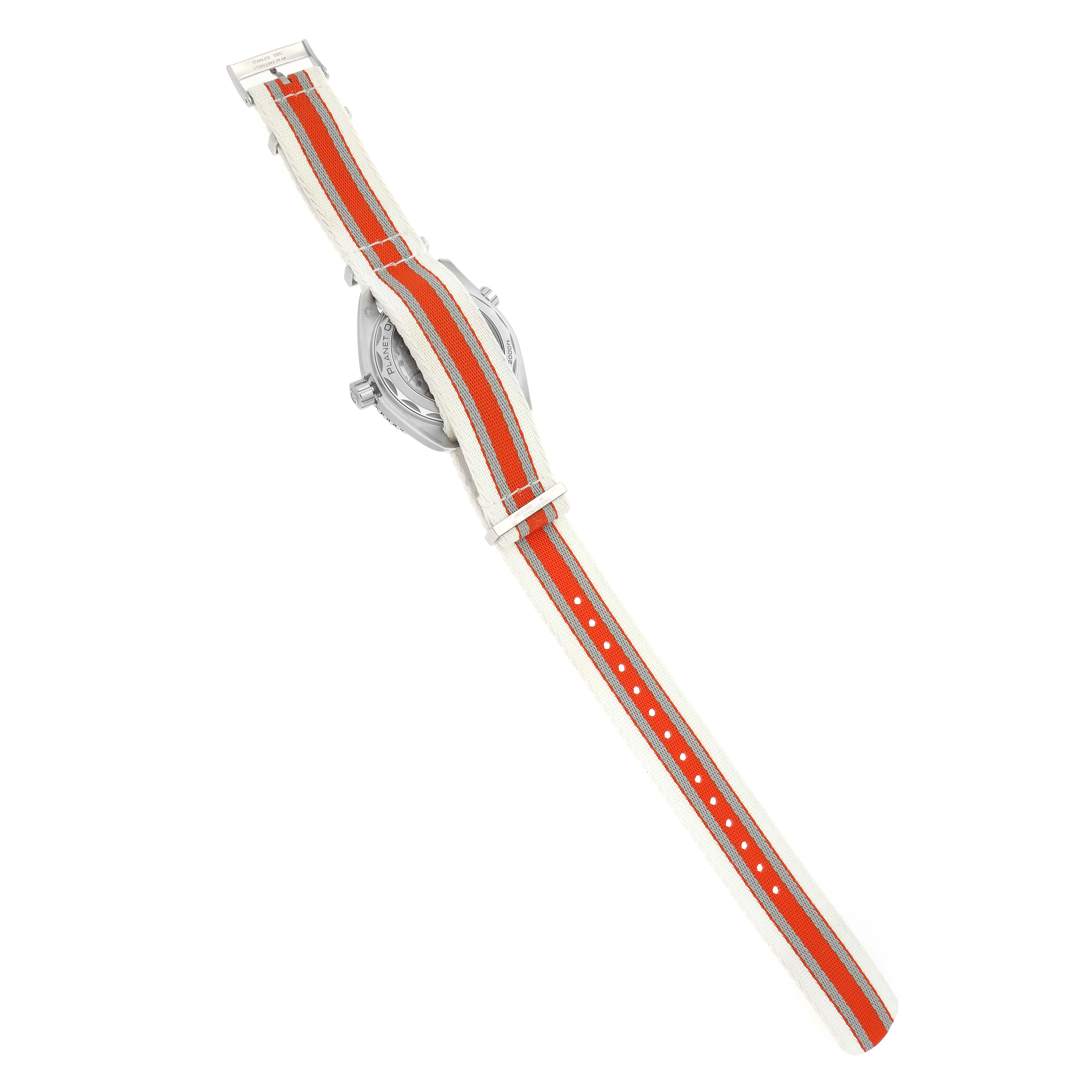 The image shows the back view of the Omega Planet Ocean 215.32.44.21.04.001 Men
s Stainless Steel White Dial 215.32.44.21.04.001 Men
s Stainless Steel White Dial watch with a striped fabric strap.