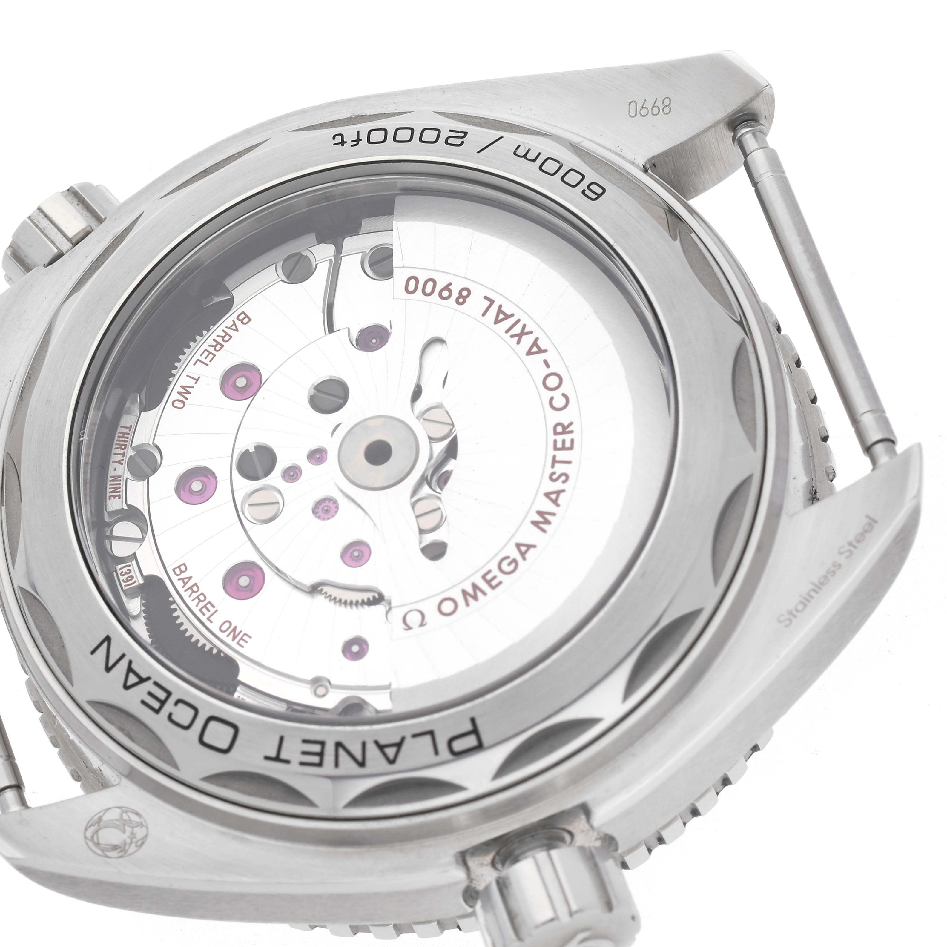 The image shows the back of an Omega Planet Ocean 215.32.44.21.04.001 Men
s Stainless Steel White Dial 215.32.44.21.04.001 Men
s Stainless Steel White Dial watch, revealing the movement and transparent case back.