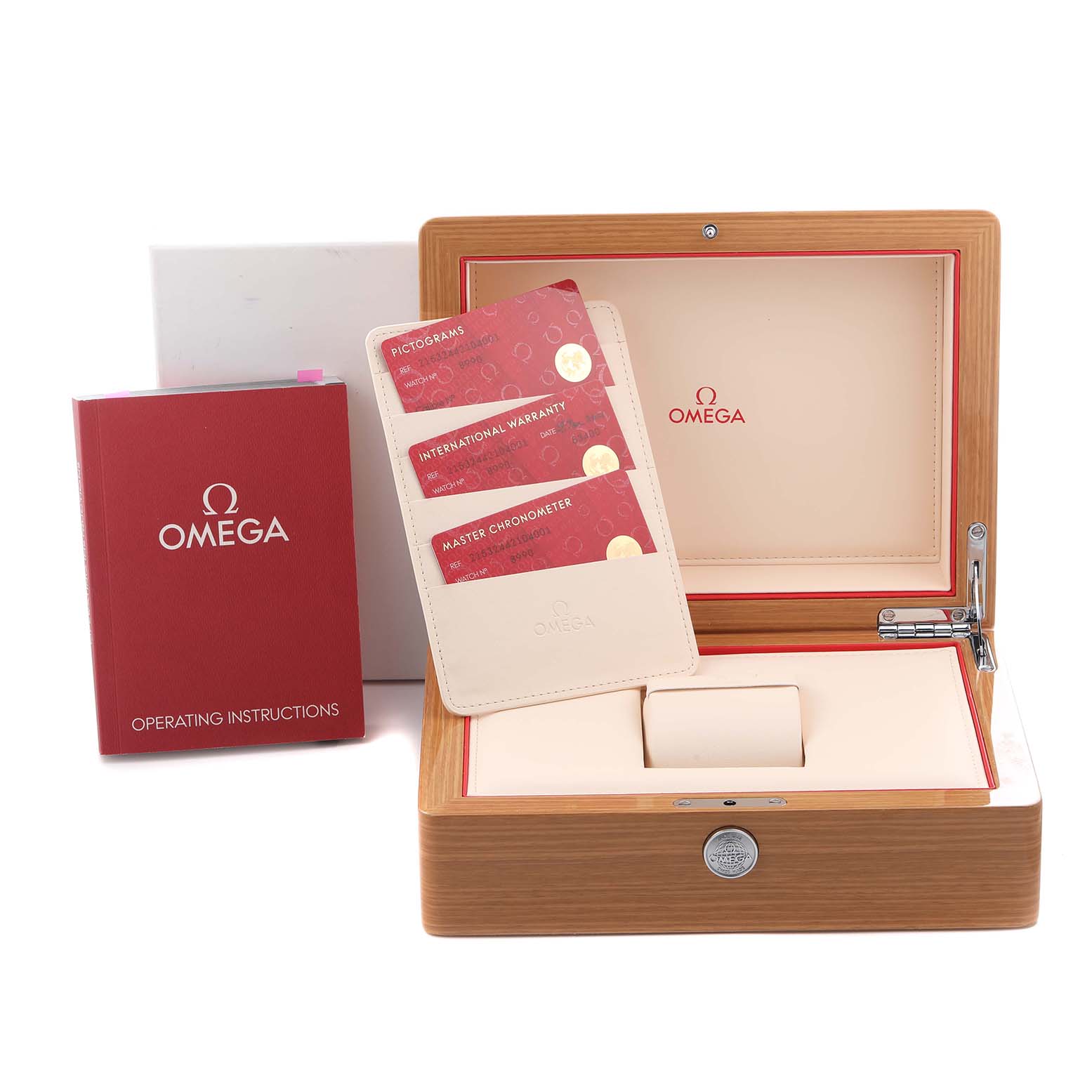 The image shows an Omega Planet Ocean 215.32.44.21.04.001 Men
s Stainless Steel White Dial 215.32.44.21.04.001 Men
s Stainless Steel White Dial watch box, warranty cards, and operating instructions.