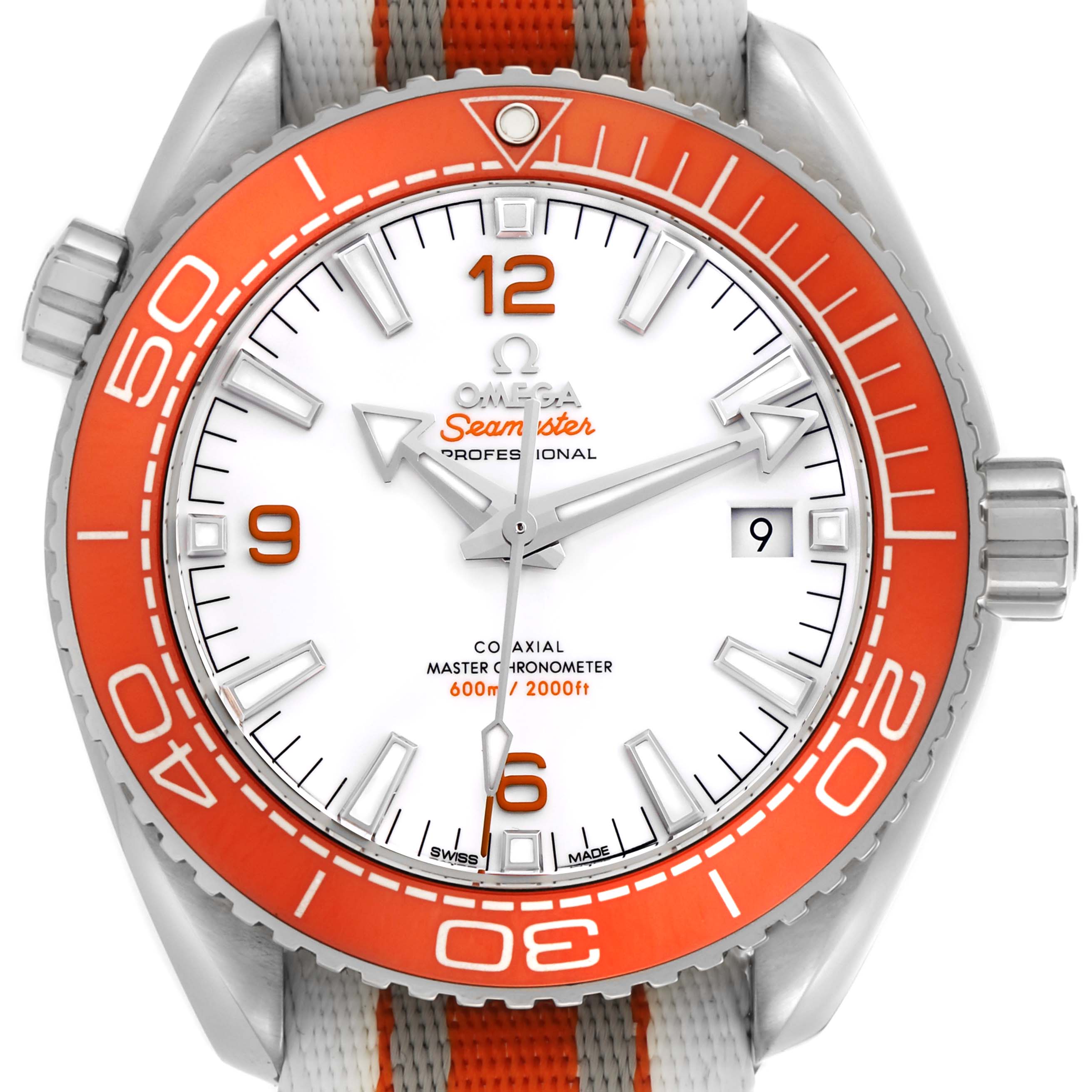 The Omega Planet Ocean 215.32.44.21.04.001 Men
s Stainless Steel White Dial 215.32.44.21.04.001 Men
s Stainless Steel White Dial watch is shown from the front, highlighting its orange bezel, white dial, and date window.