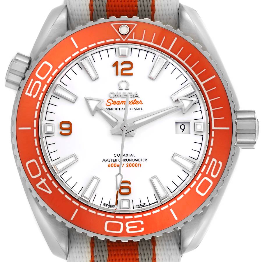 The Omega Planet Ocean watch is shown from the front, highlighting its orange bezel, white dial, and date window.