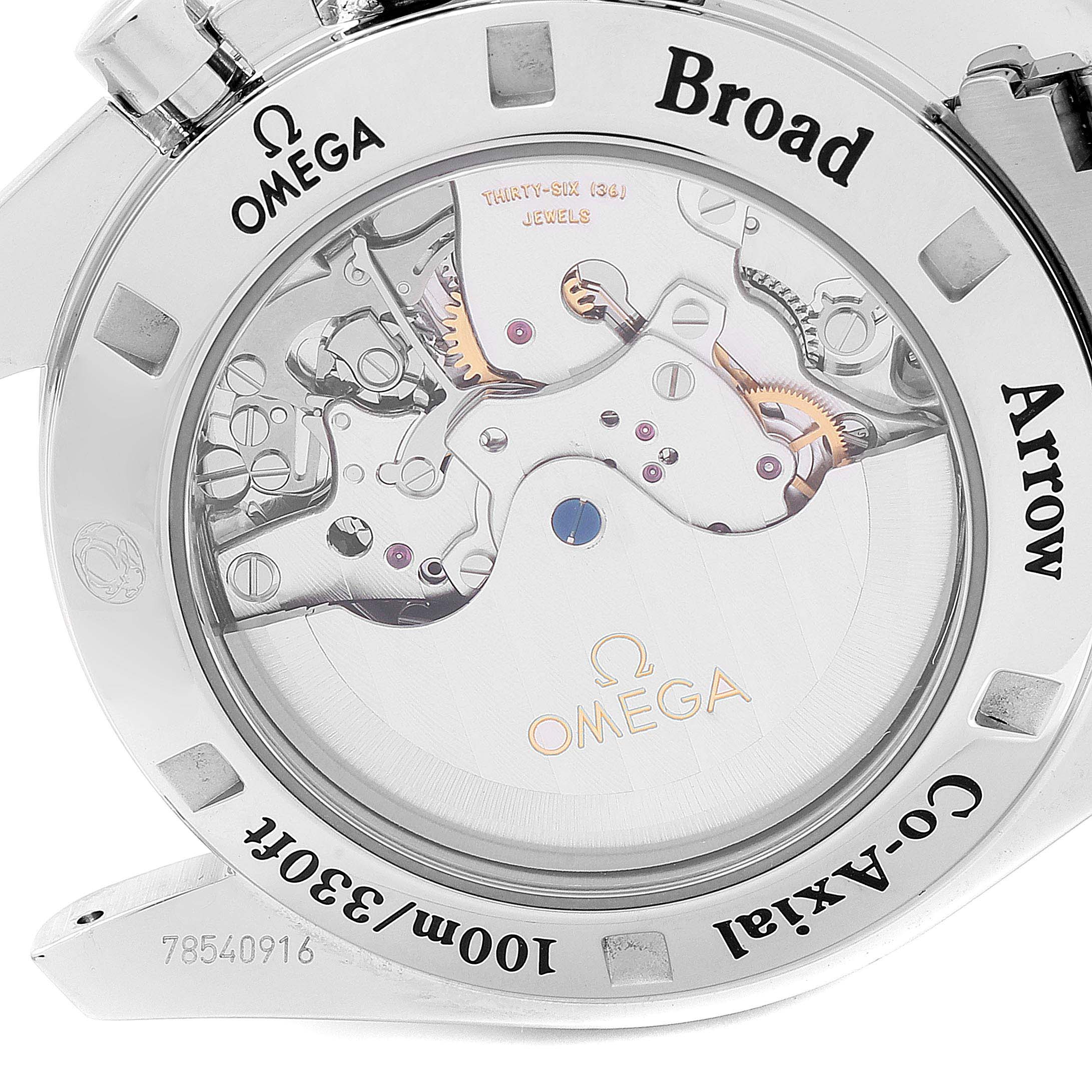 The image shows the back of an Omega Speedmaster 321.10.42.50.01.001 Men
s Stainless Steel Black Dial 321.10.42.50.01.001 Men
s Stainless Steel Black Dial Broad Arrow Co-Axial 100m/330ft watch, displaying its internal mechanism.