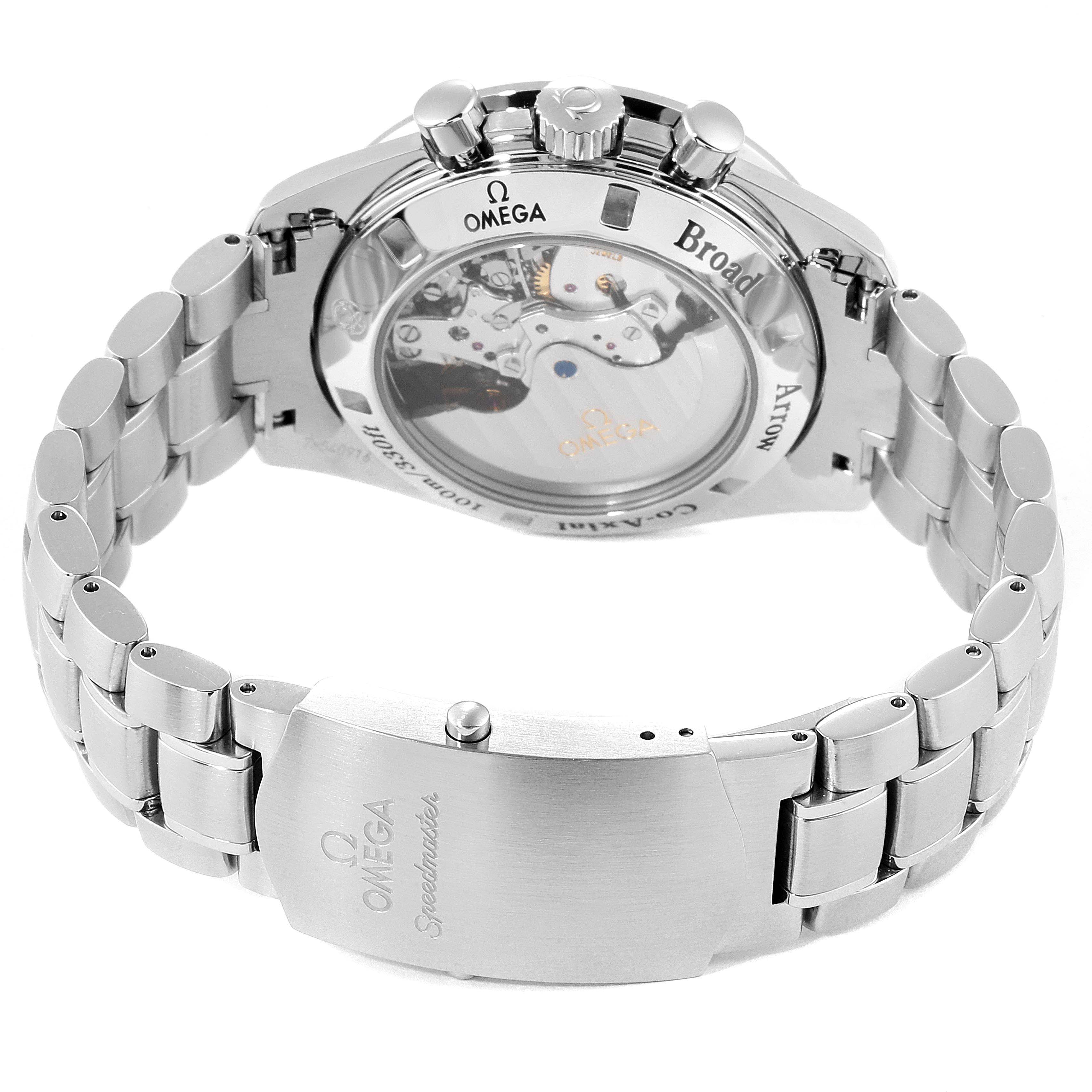 The image shows the back and side of an Omega Speedmaster 321.10.42.50.01.001 Men
s Stainless Steel Black Dial 321.10.42.50.01.001 Men
s Stainless Steel Black Dial watch, highlighting the transparent case back and metal bracelet.