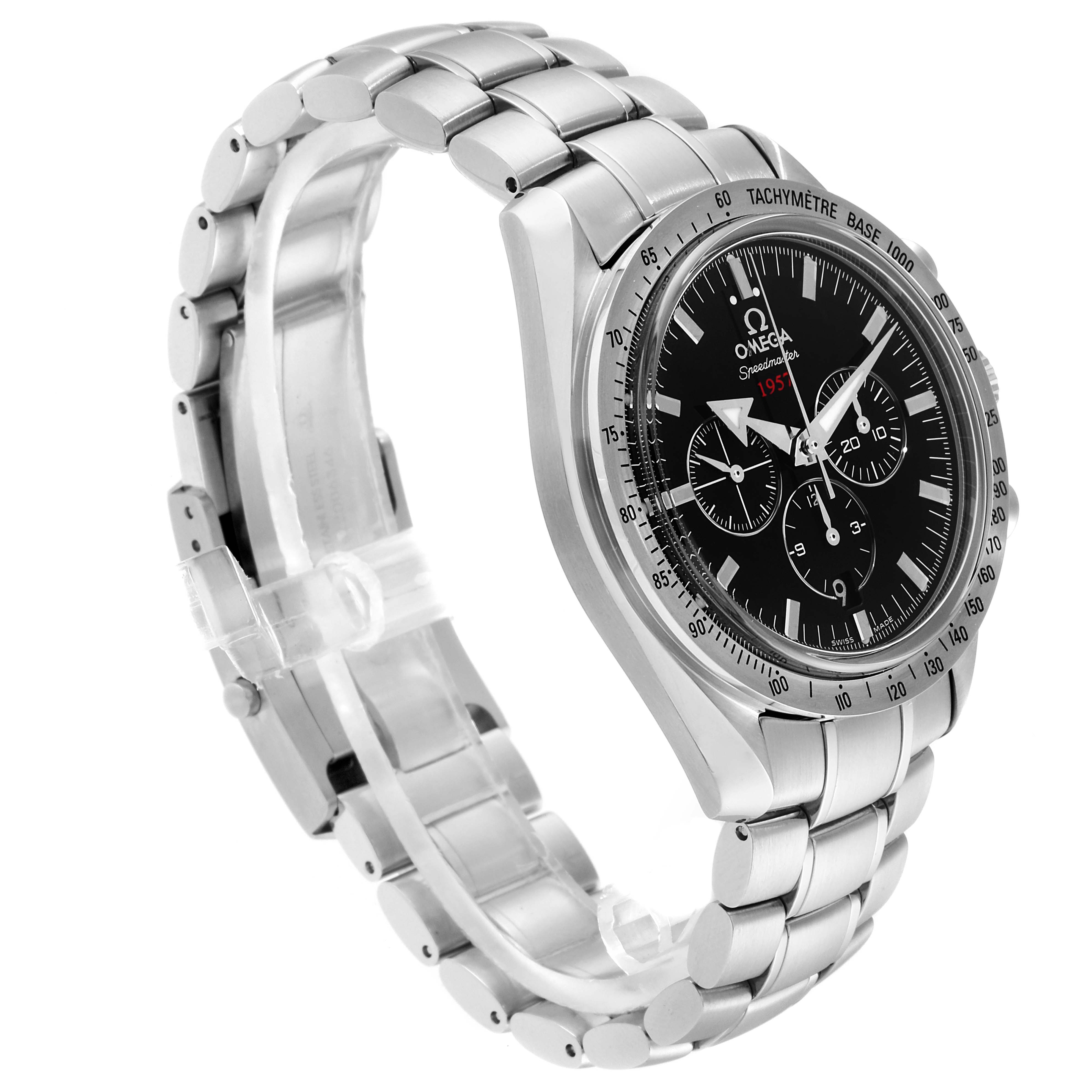 The Omega Speedmaster 321.10.42.50.01.001 Men
s Stainless Steel Black Dial 321.10.42.50.01.001 Men
s Stainless Steel Black Dial watch is shown from a side angle, highlighting the metal bracelet, bezel, and chronograph dial.