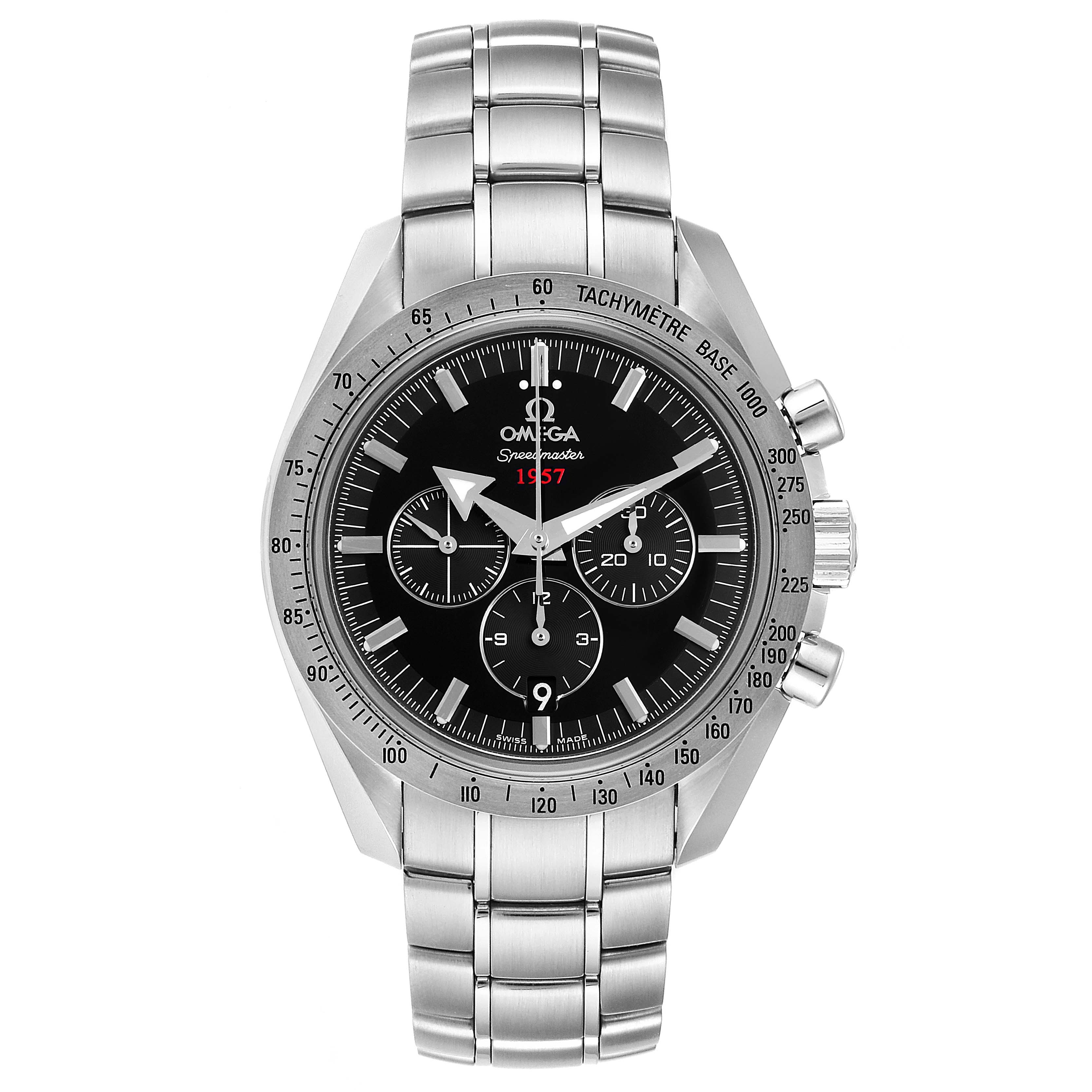 The image shows a front view of an Omega Speedmaster 321.10.42.50.01.001 Men
s Stainless Steel Black Dial 321.10.42.50.01.001 Men
s Stainless Steel Black Dial watch, highlighting the dial, tachymeter bezel, and stainless steel bracelet.