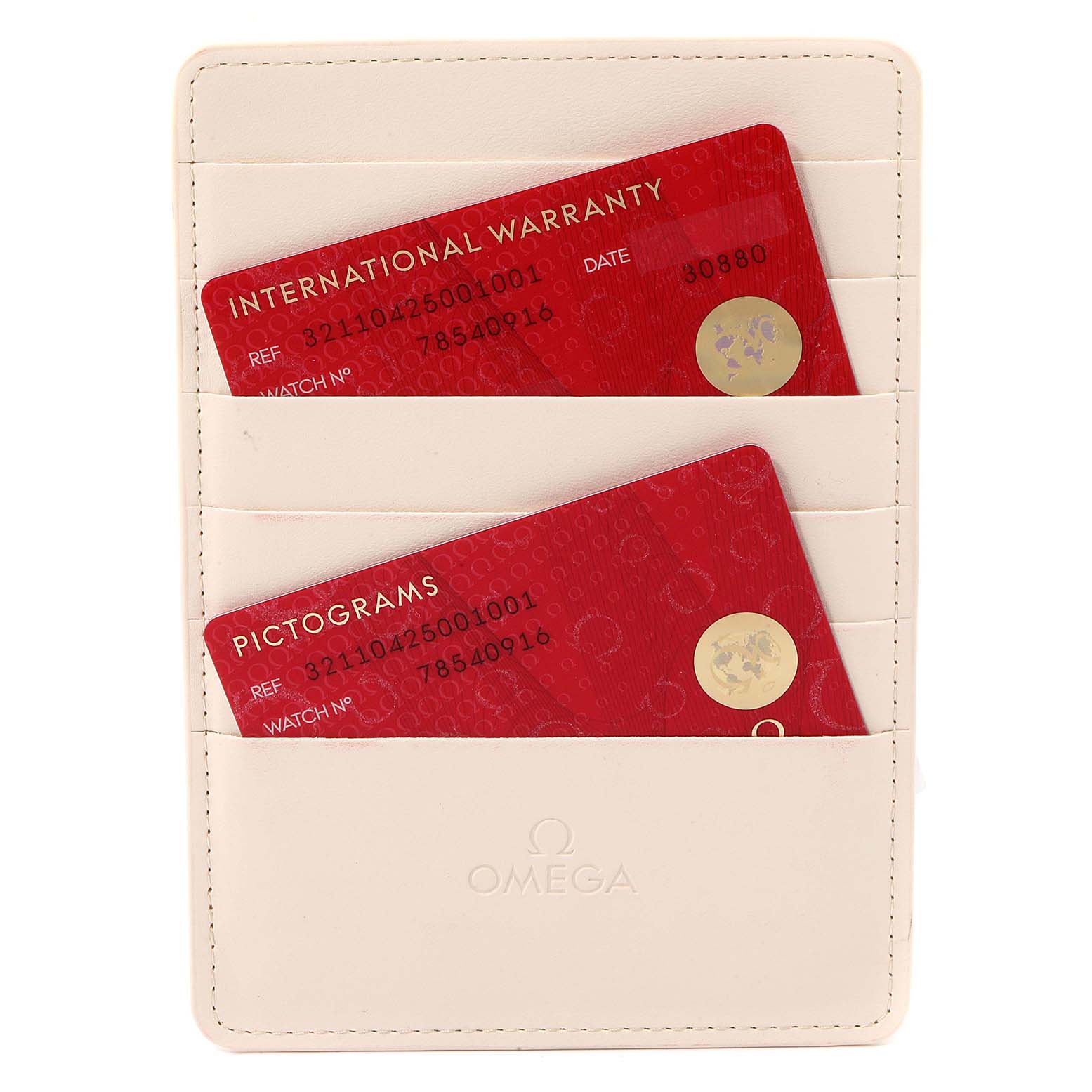 The image shows the International Warranty and Pictograms cards for an Omega Speedmaster 321.10.42.50.01.001 Men
s Stainless Steel Black Dial 321.10.42.50.01.001 Men
s Stainless Steel Black Dial, housed in a white cardholder.