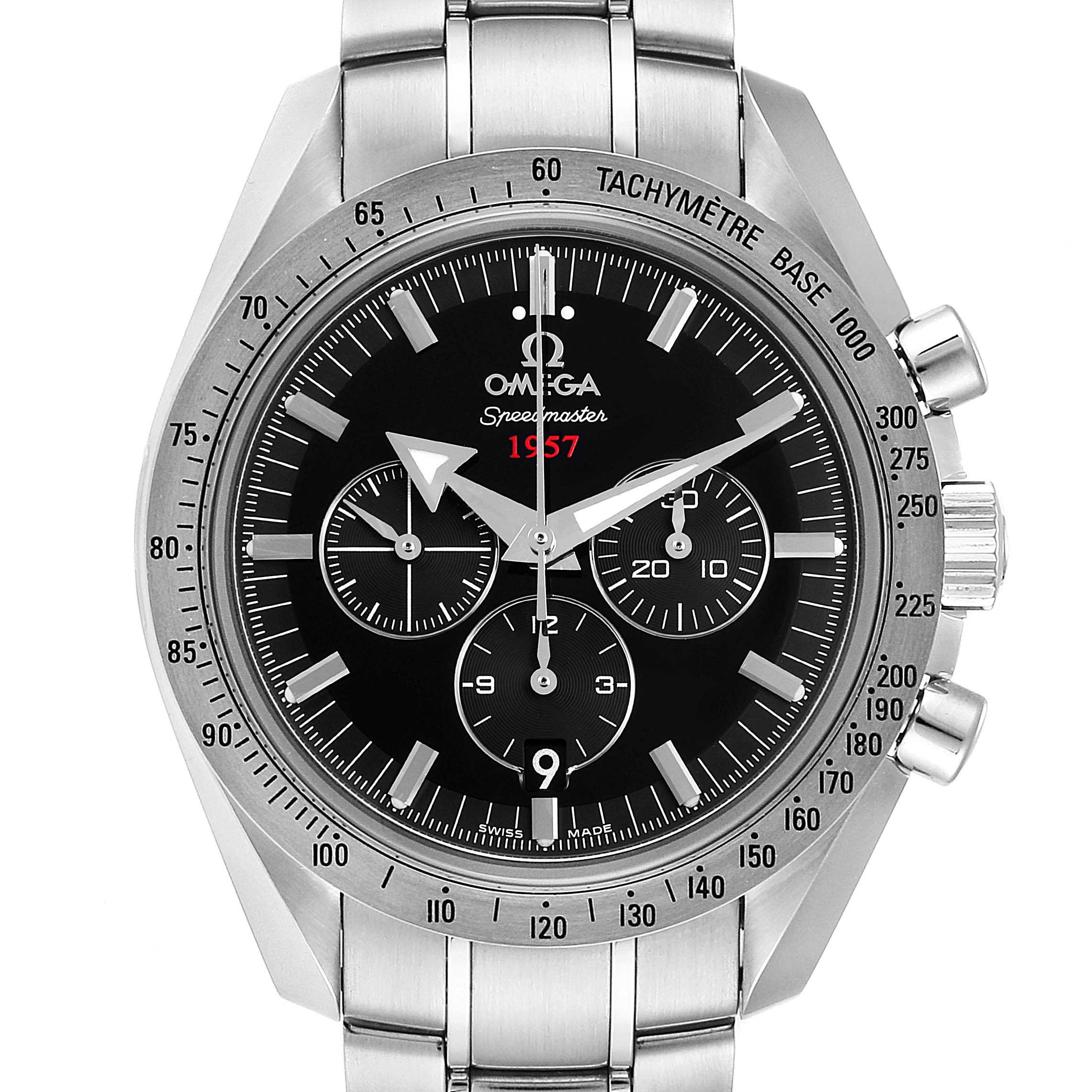 This is a frontal view of the Omega Speedmaster 321.10.42.50.01.001 Men
s Stainless Steel Black Dial 321.10.42.50.01.001 Men
s Stainless Steel Black Dial showing the dial, bezel, tachymeter scale, pushers, and bracelet.