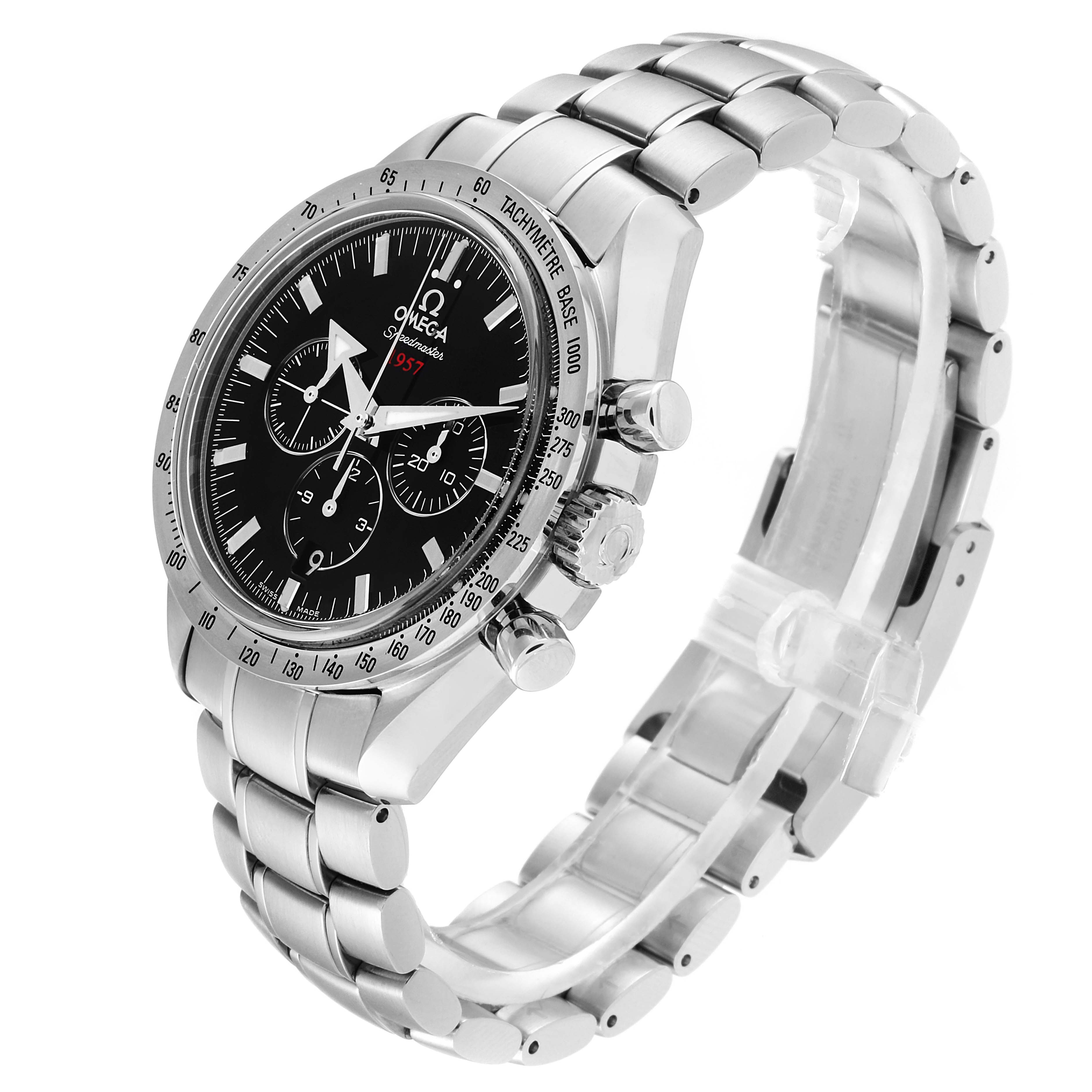 The image shows an Omega Speedmaster 321.10.42.50.01.001 Men
s Stainless Steel Black Dial 321.10.42.50.01.001 Men
s Stainless Steel Black Dial watch at a three-quarter angle, highlighting the face, bracelet, and crown.