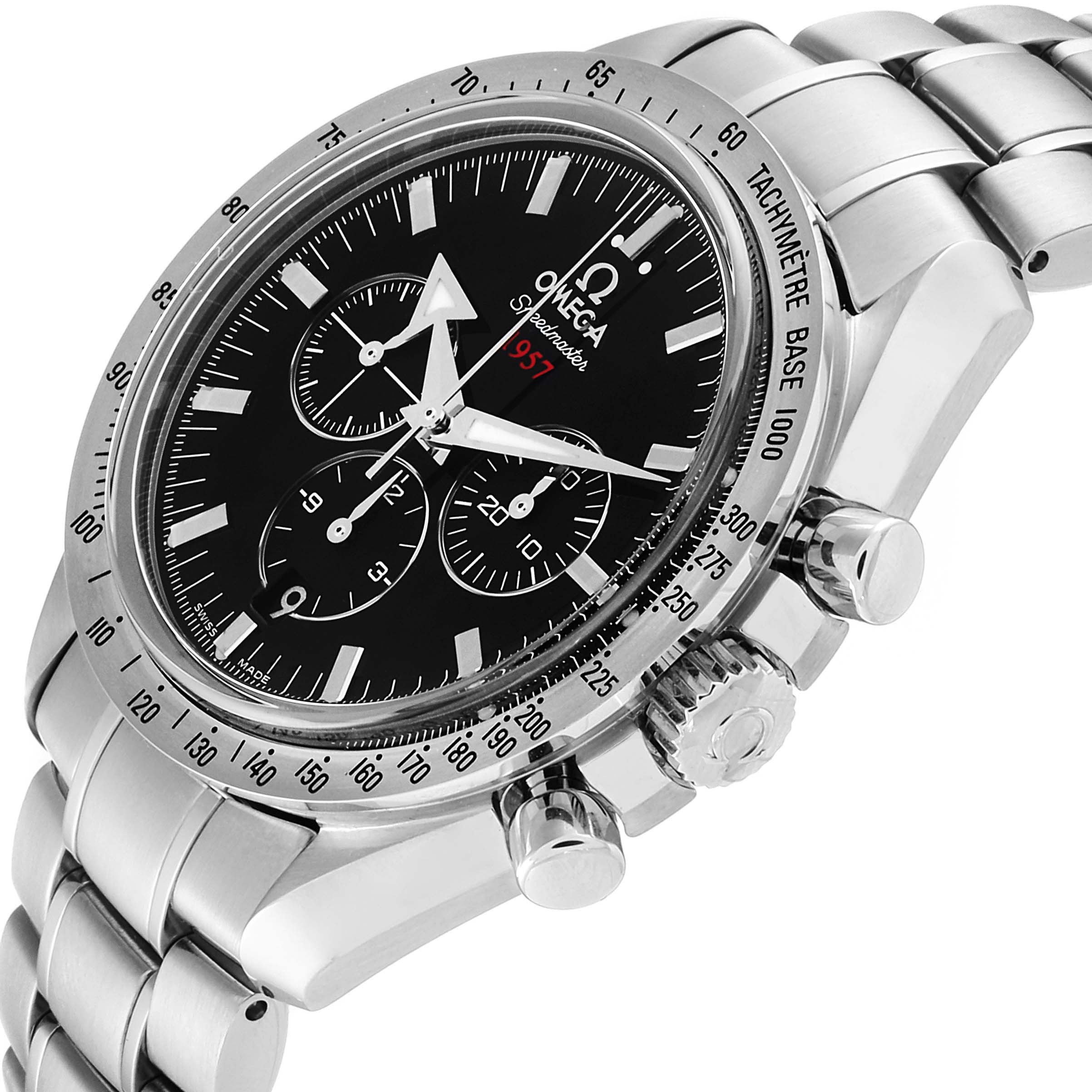 The image shows a side and front angle of an Omega Speedmaster 321.10.42.50.01.001 Men
s Stainless Steel Black Dial 321.10.42.50.01.001 Men
s Stainless Steel Black Dial watch, highlighting the face, bezel, crown, and bracelet.