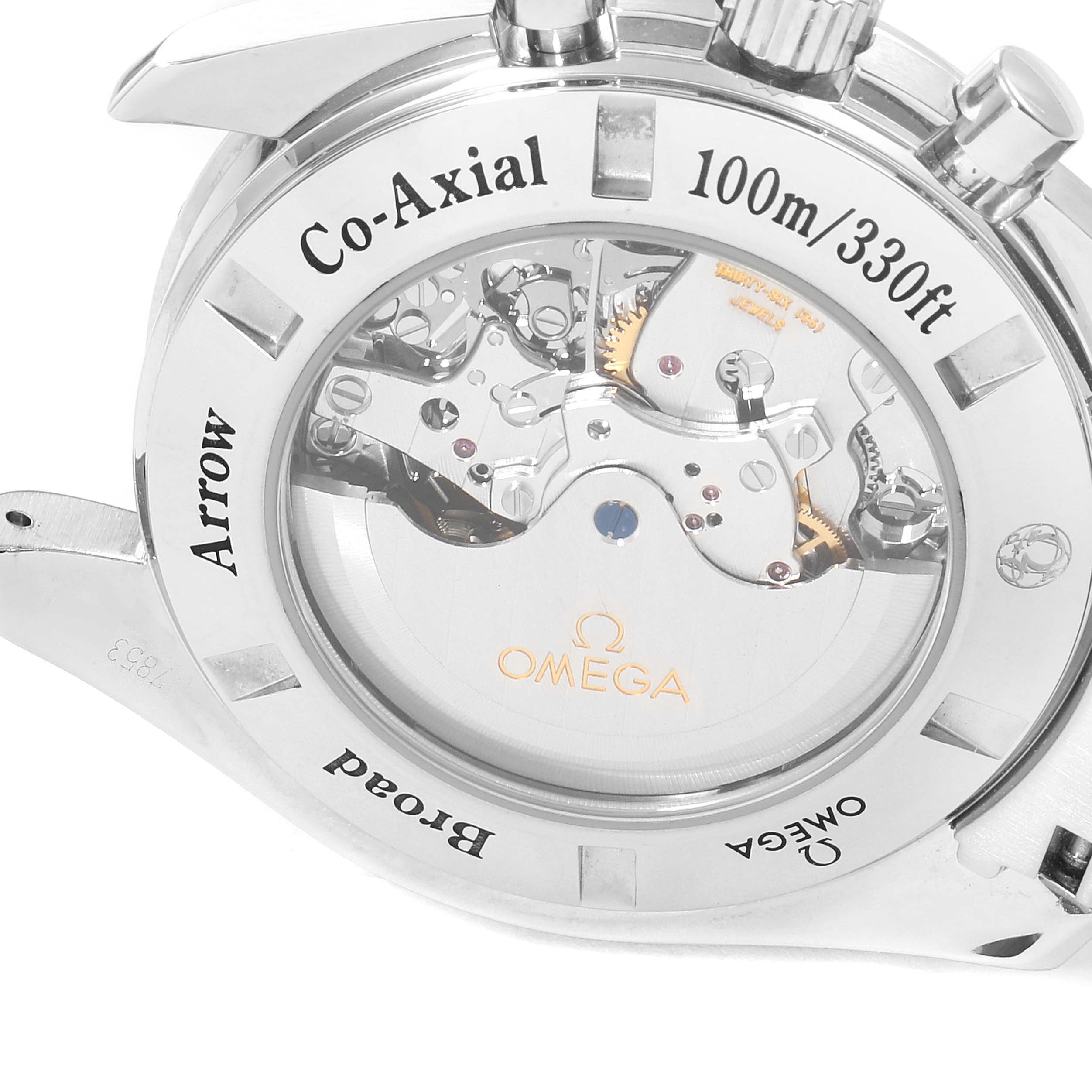 The image shows the back of the Omega Speedmaster 321.10.44.50.02.001 Men
s Stainless Steel Silver Dial 321.10.44.50.02.001 Men
s Stainless Steel Silver Dial watch, highlighting its Co-Axial movement and water resistance.