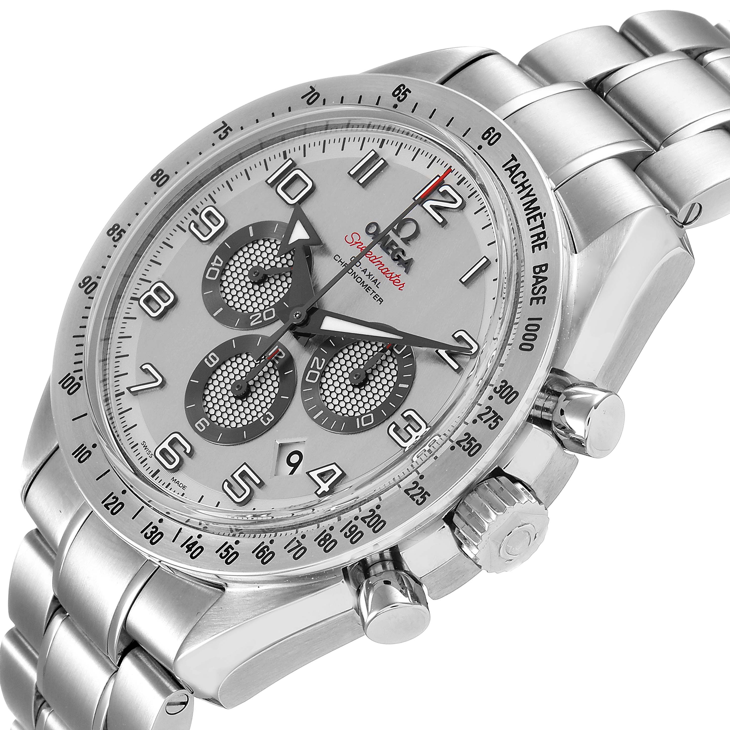 The image shows a close-up, angled view of the Omega Speedmaster 321.10.44.50.02.001 Men
s Stainless Steel Silver Dial 321.10.44.50.02.001 Men
s Stainless Steel Silver Dial watch, highlighting the dial, bezel, crown, and bracelet.