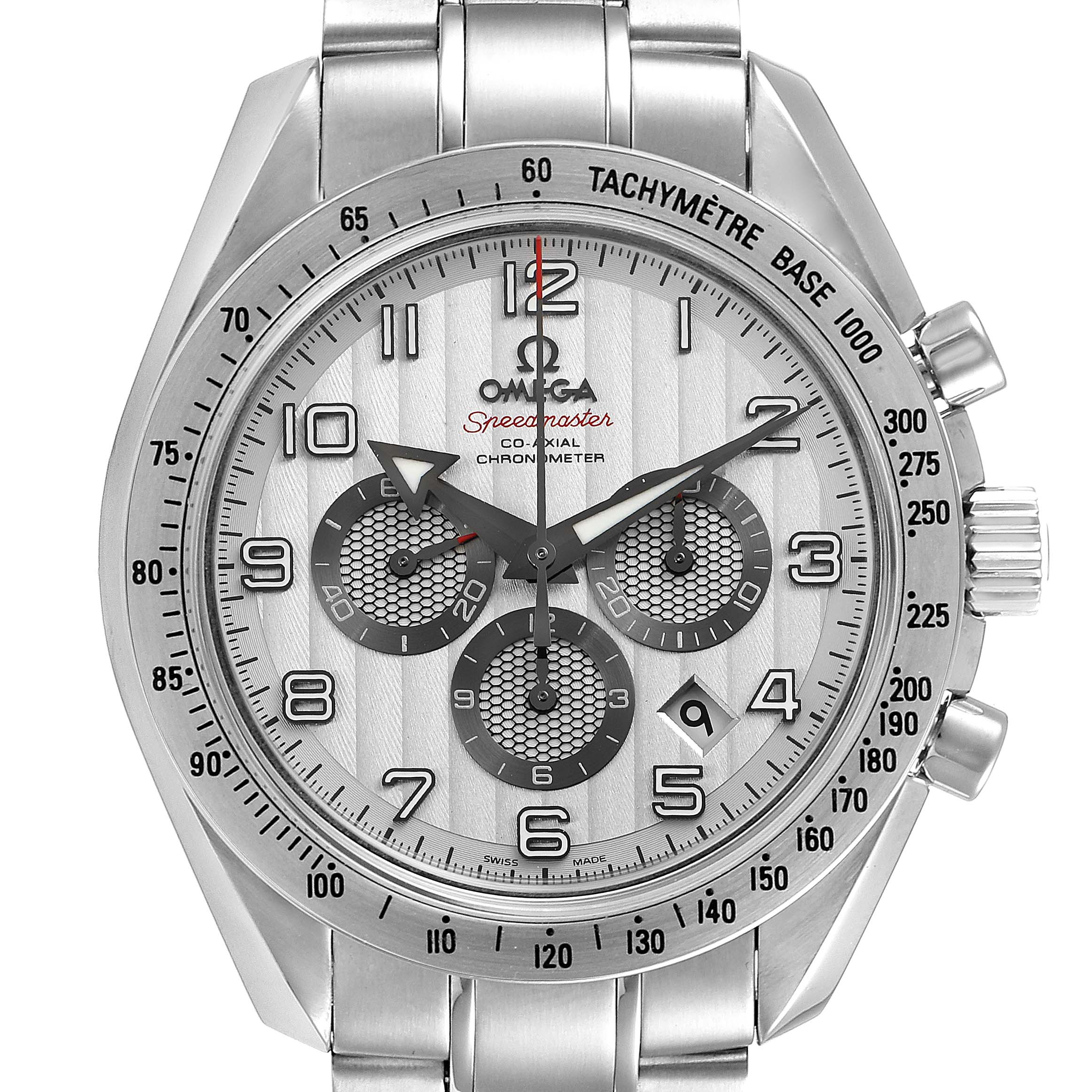 The image shows a frontal view of the Omega Speedmaster 321.10.44.50.02.001 Men
s Stainless Steel Silver Dial 321.10.44.50.02.001 Men
s Stainless Steel Silver Dial watch, highlighting the face, bezel, and part of the bracelet.