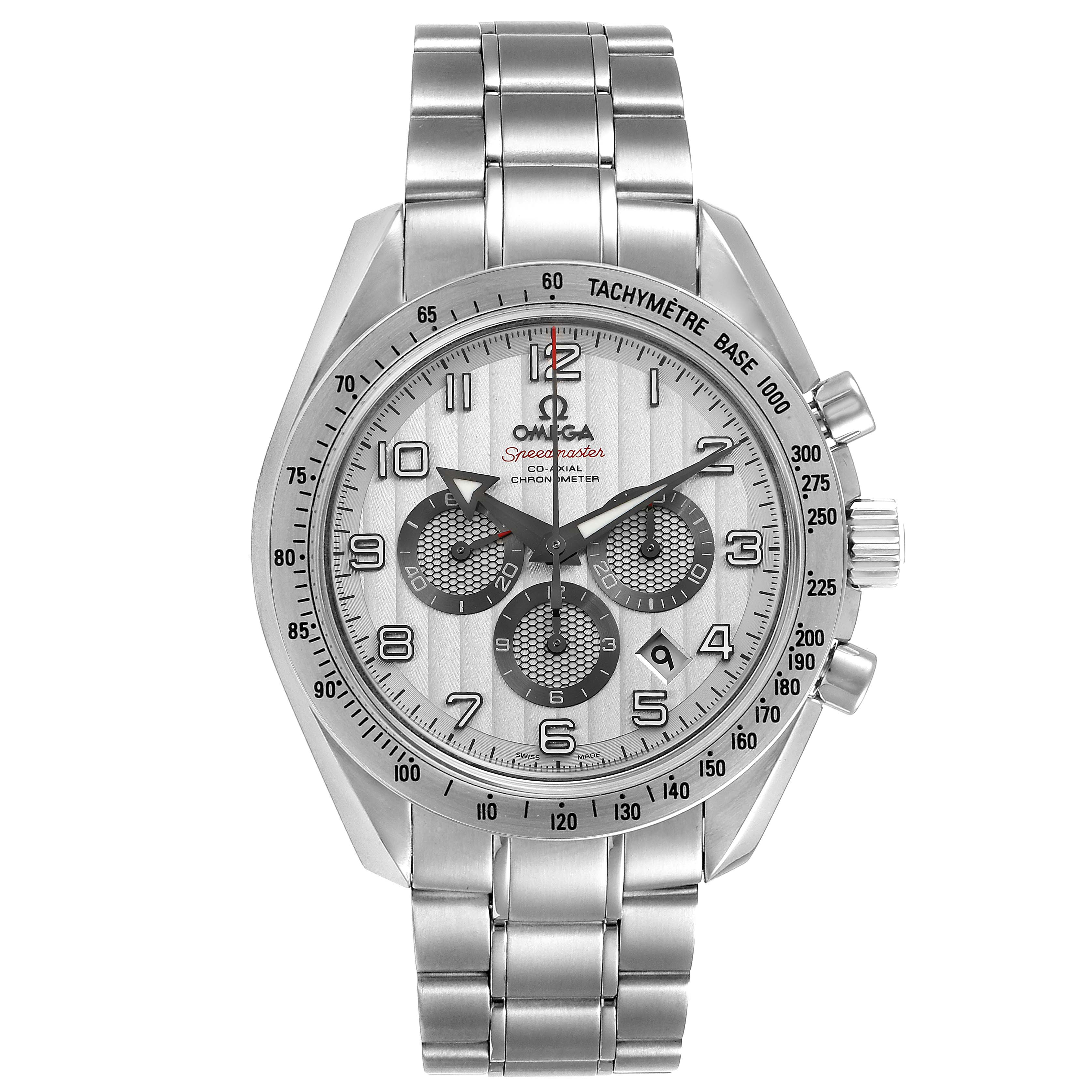 The image shows a front view of an Omega Speedmaster 321.10.44.50.02.001 Men
s Stainless Steel Silver Dial 321.10.44.50.02.001 Men
s Stainless Steel Silver Dial watch showcasing its dial, bezel, chronograph subdials, and bracelet.