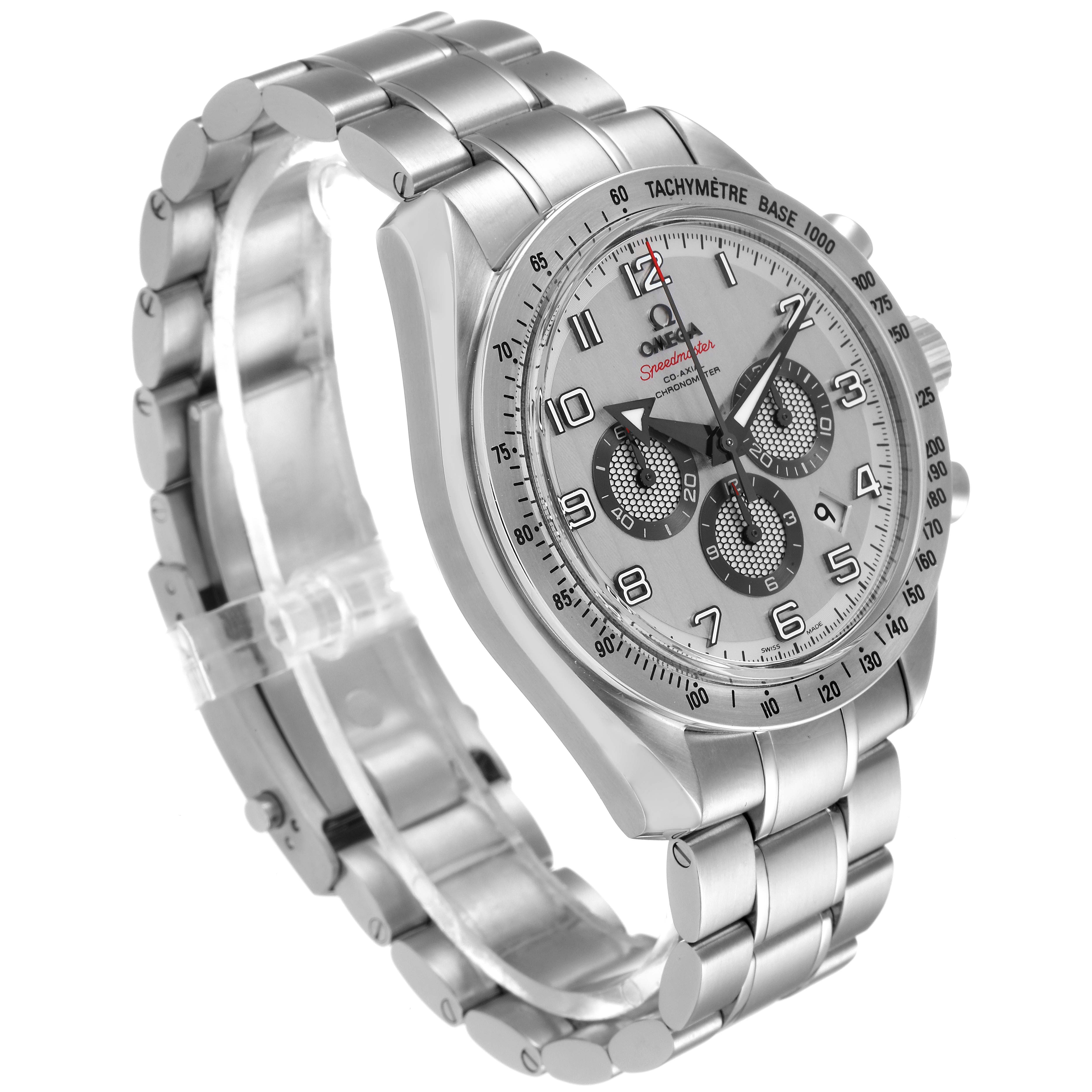 This image shows an Omega Speedmaster 321.10.44.50.02.001 Men
s Stainless Steel Silver Dial 321.10.44.50.02.001 Men
s Stainless Steel Silver Dial watch at an angle highlighting its face, bezel, dials, and metal bracelet.