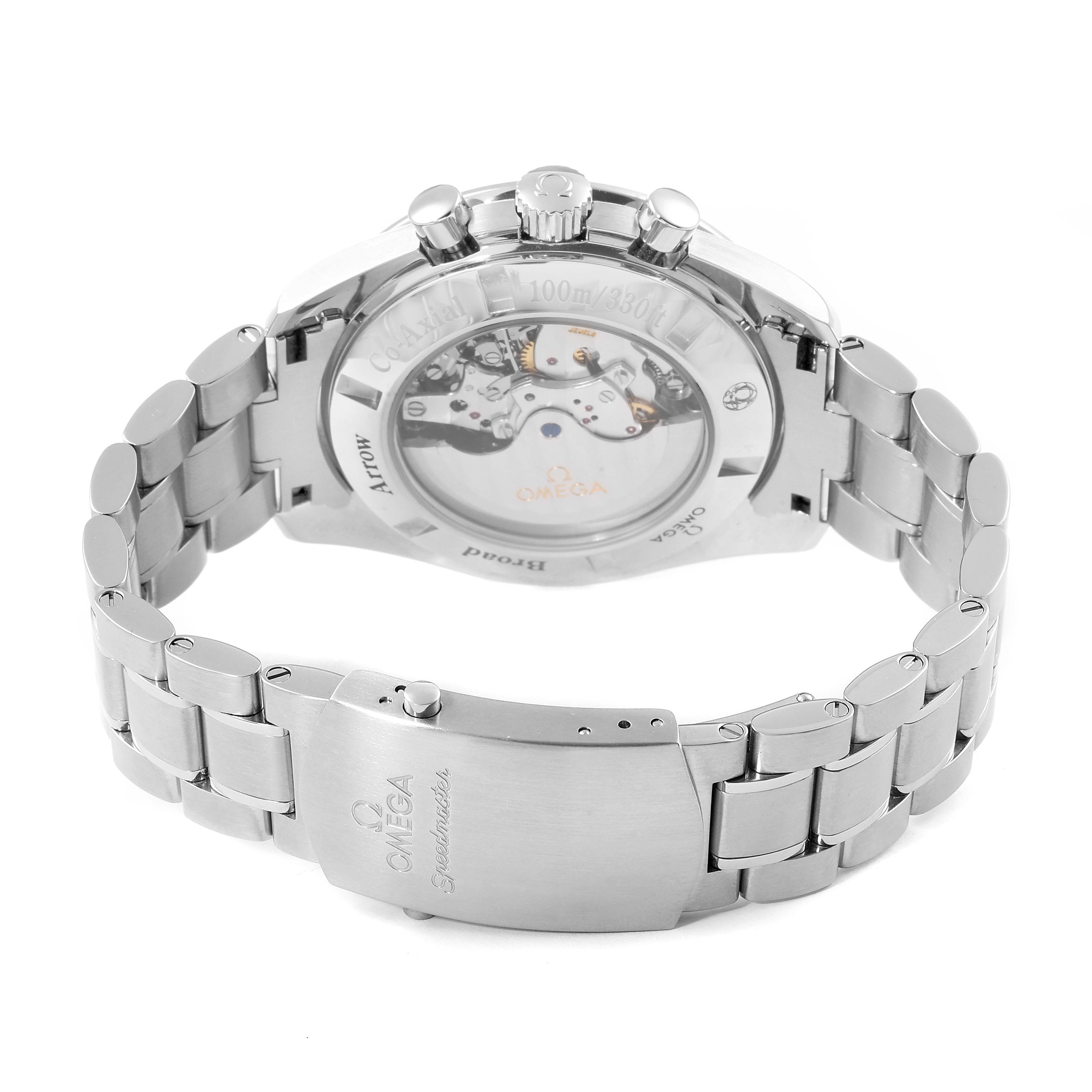 The image shows the back and clasp of the Omega Speedmaster 321.10.44.50.02.001 Men
s Stainless Steel Silver Dial 321.10.44.50.02.001 Men
s Stainless Steel Silver Dial watch, displaying its transparent case back and stainless steel bracelet.