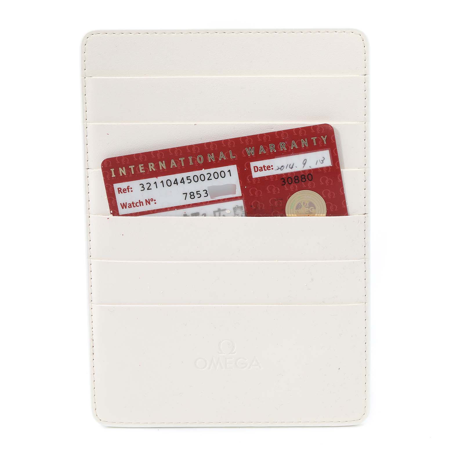 The image shows the international warranty card and a white cardholder for the Omega Speedmaster 321.10.44.50.02.001 Men
s Stainless Steel Silver Dial 321.10.44.50.02.001 Men
s Stainless Steel Silver Dial watch, viewed from the front.