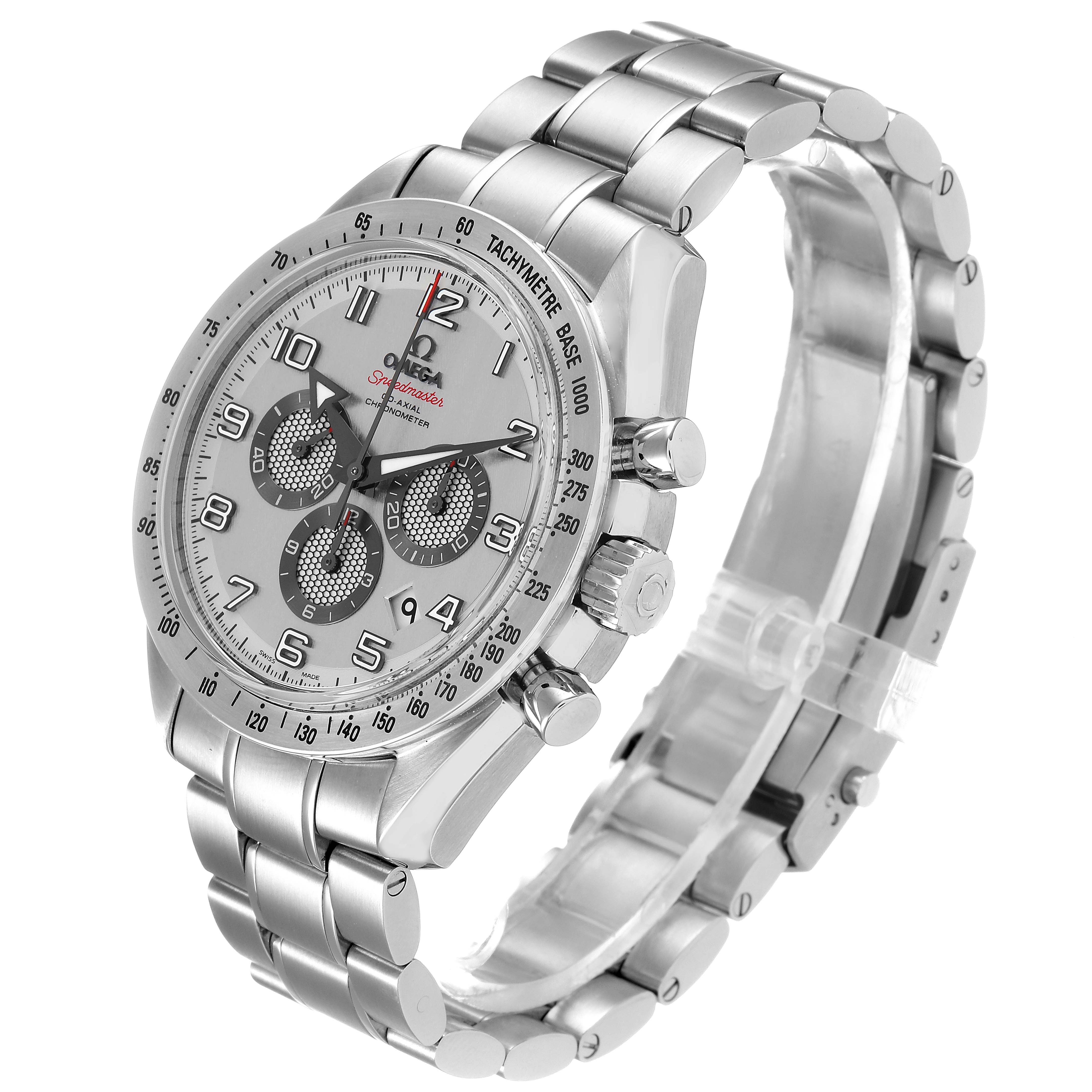 The image shows an angled view of the Omega Speedmaster 321.10.44.50.02.001 Men
s Stainless Steel Silver Dial 321.10.44.50.02.001 Men
s Stainless Steel Silver Dial watch, highlighting its dial, bezel, crown, pushers, and metal bracelet.