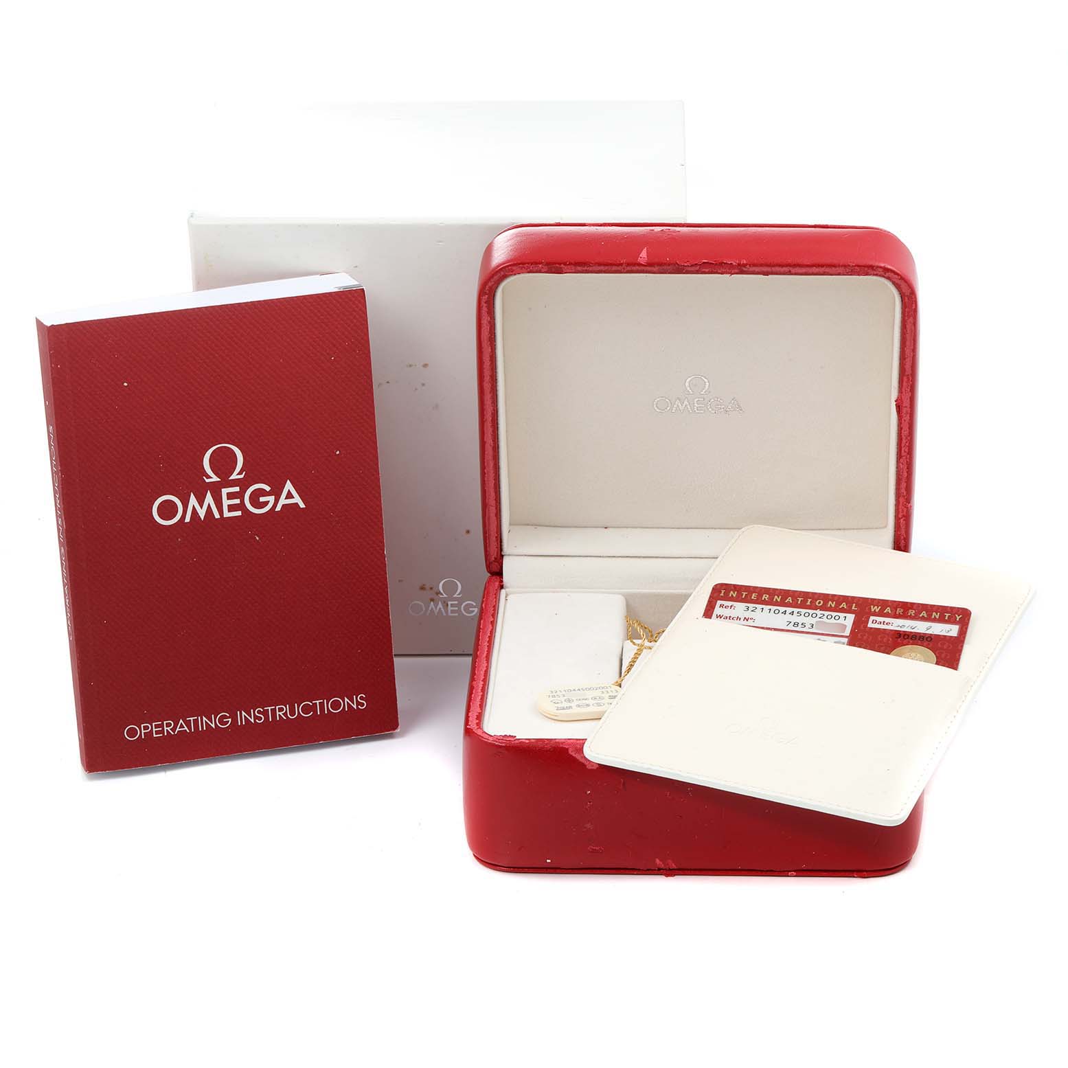 This image shows an Omega Speedmaster 321.10.44.50.02.001 Men
s Stainless Steel Silver Dial 321.10.44.50.02.001 Men
s Stainless Steel Silver Dial
s operating instructions, warranty card, and red watch box.
